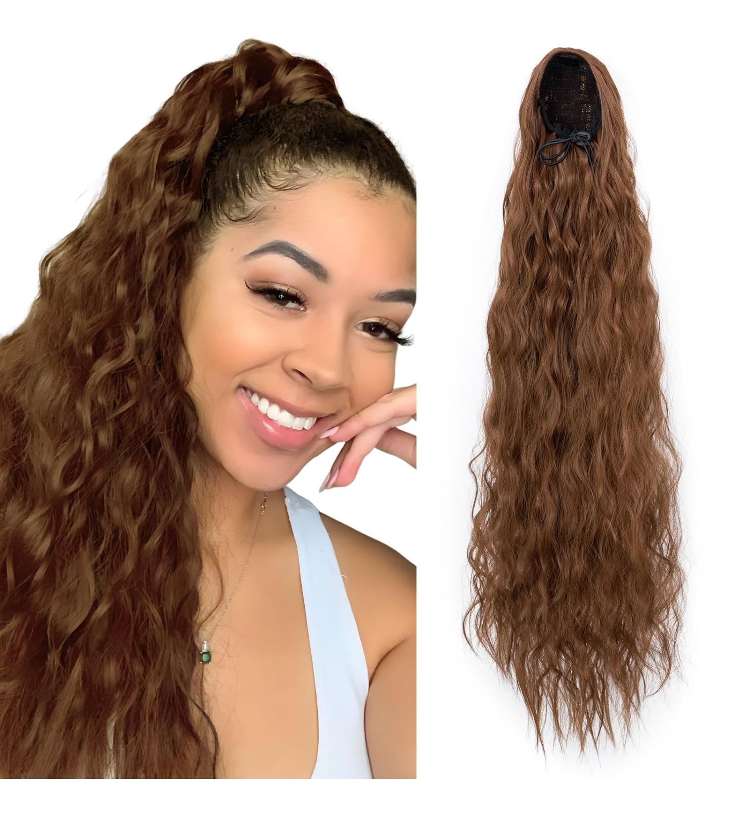32 Inch Drawstring Ponytail Extension | Long Curly Wavy Hairpiece for Women | Synthetic Hair | Light Auburn - Buy Online on GoSupps.com