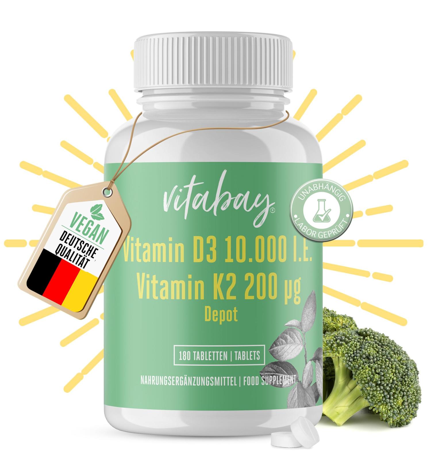 Vitabay Vitamin D3 10000 I.E. + K2 200 MCG Depot | Premium Quality Highly Dosed Vegan 180 Tablets | Laboratory Tested for Maximum Bioavailability - Buy Online on GoSupps.com