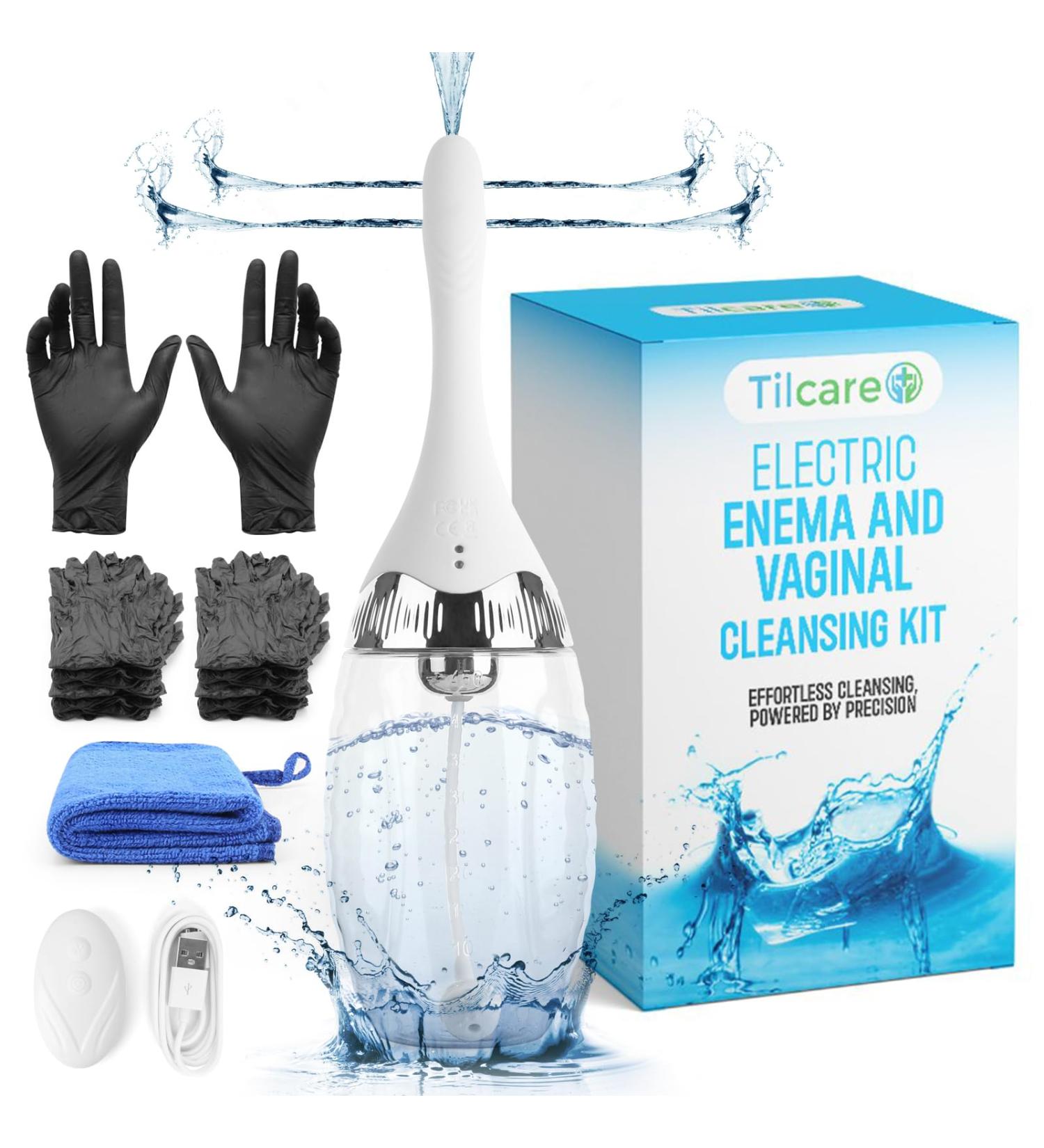 Electric Enema & Vaginal Douche Kit by Tilcare - 3 Speed Settings & Remote Control - Colon Cleanse for Women & Men - Soft Silicone Enema Bulb Cleaner - Includes 15 Gloves & Towel - Buy Online on GoSupps.com