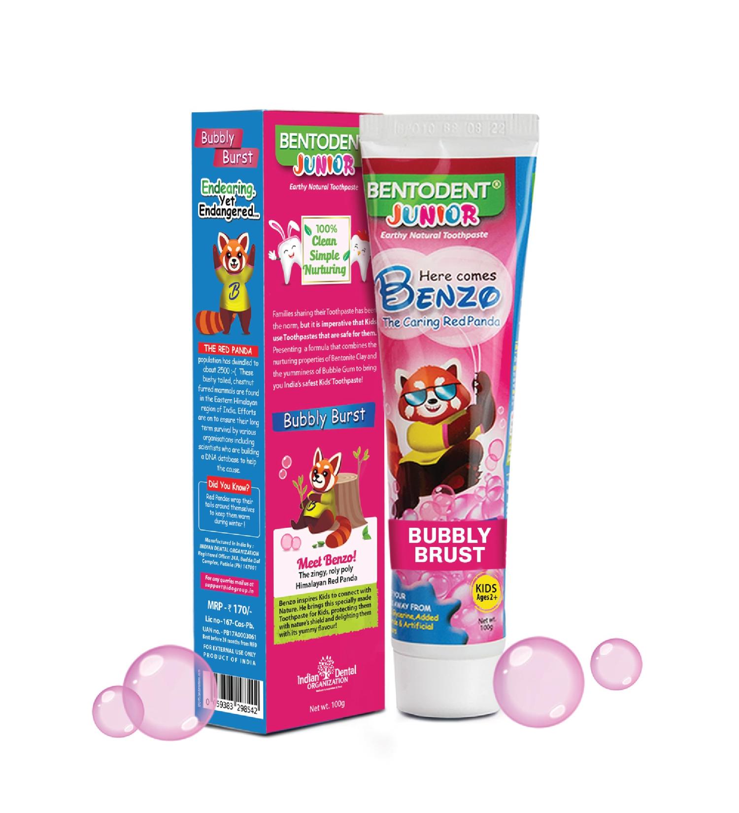 Bentodent Kids Fluoride Free Toothpaste - Natural Bentonite Clay for Fresh Breath & Gentle Whitening - Vegan SLS Free Bubble Gum Flavor 3.52oz - Buy Online on GoSupps.com