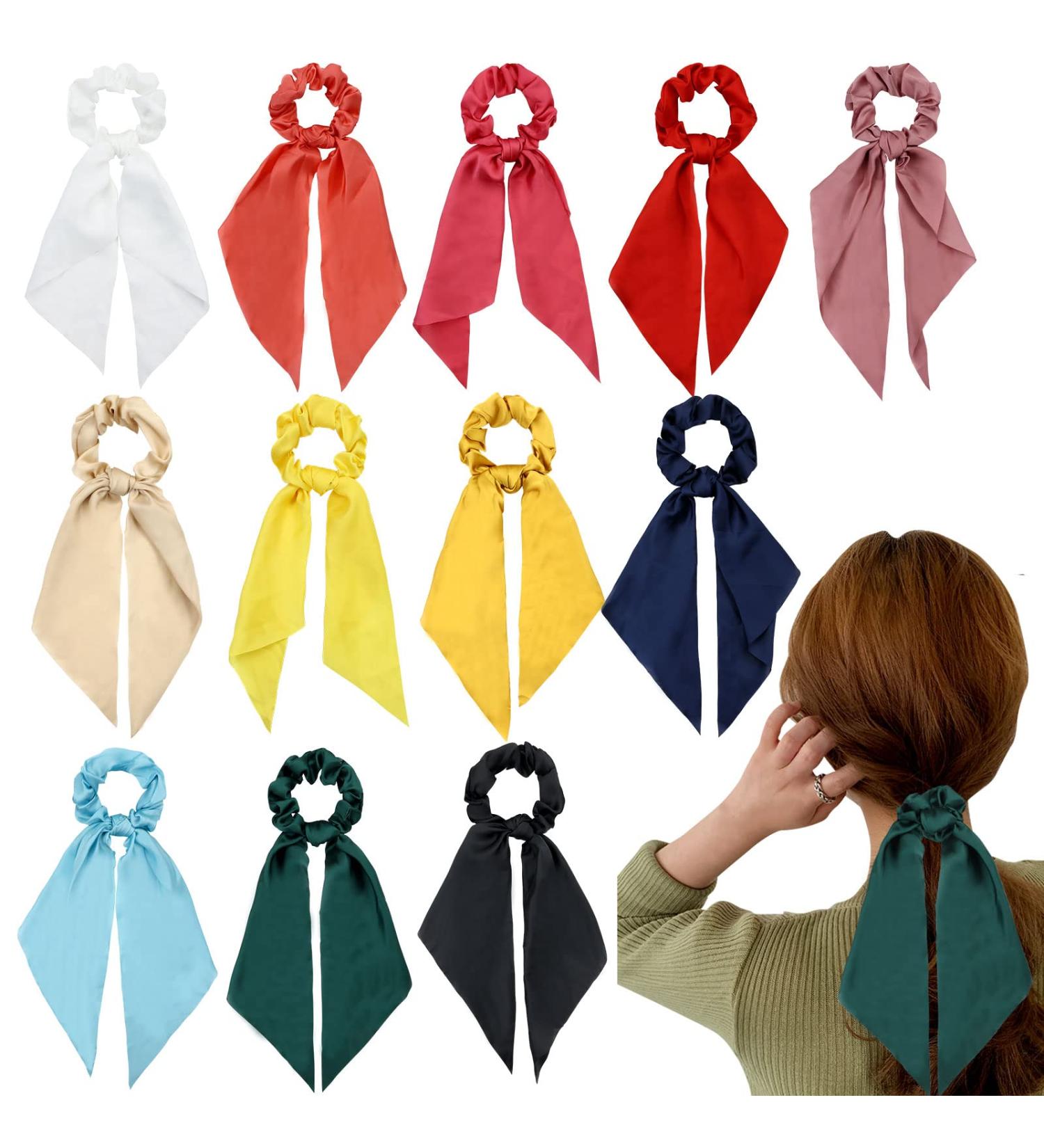 12 Pack Colorful Satin Hair Bows Scrunchies for Girls - Hair Ties Ponytail Holders for Thick Hair - Elastic Hairbands Accessories for Women - Buy Online on GoSupps.com