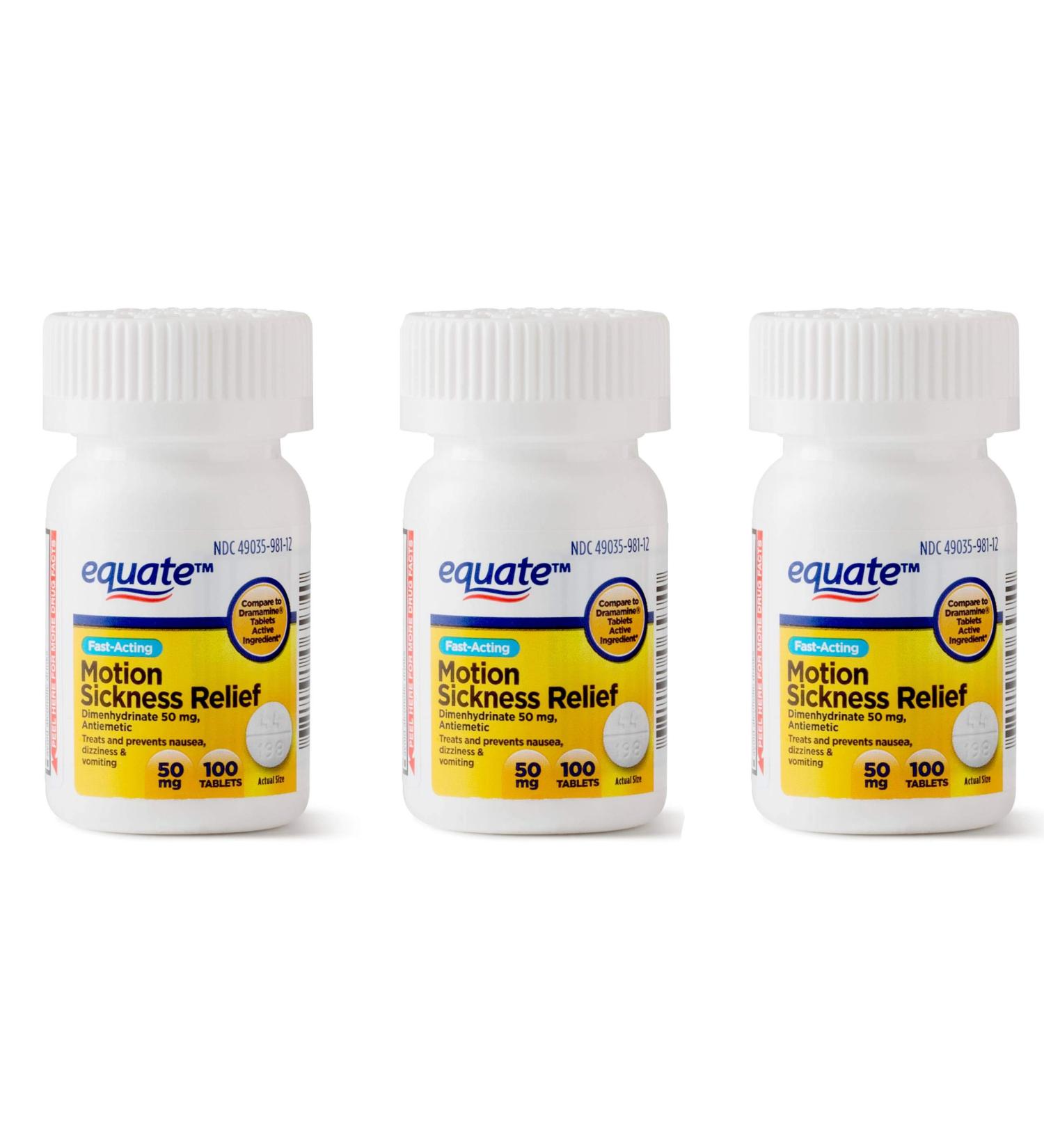 Equate Motion Sickness Dimenhydrinate 50 mg Generic Dramamine 100 Tablets (3 Pack)