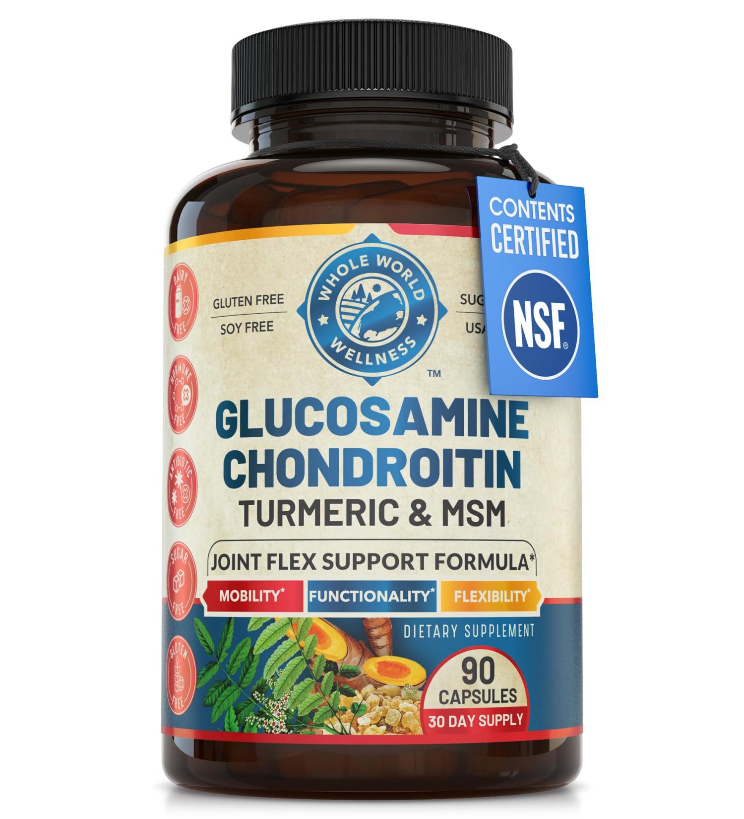 WHOLE WORLD WELLNESS Joint Support Supplement with Glucosamine Chondroitin MSM Turmeric Boswelia. Supports Inflammatory Response Discomfort Relief for Knees Hands Back Joints. NSF Certified USA Made - Buy Online on GoSupps.com