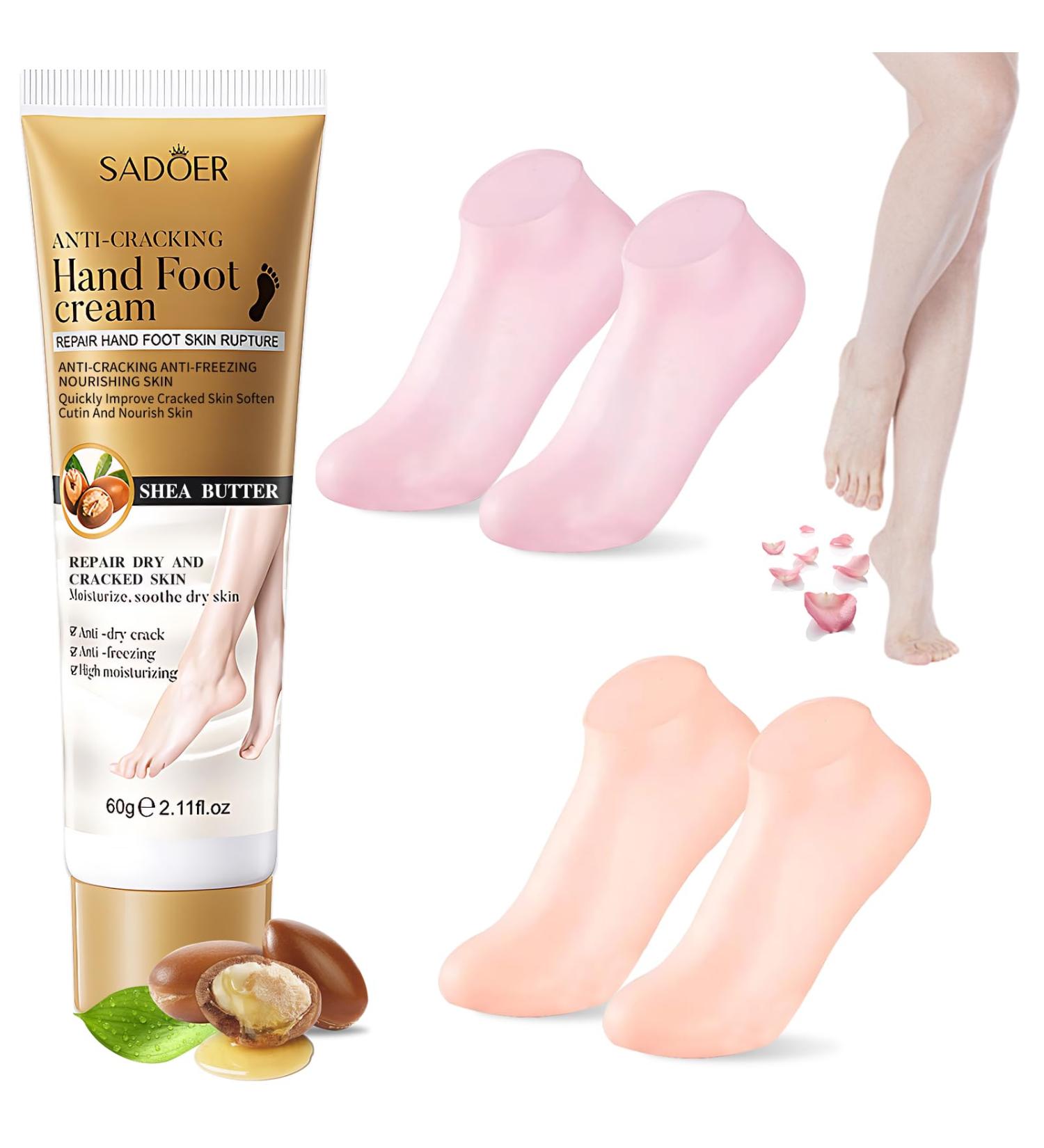 Silicone Socks for Feet - Anti-Slip Moisturizing Foot Mask (4 Pack) + 60g Foot Cream - Soothing Care for Cracked Skin - Skin Color & Pink - Buy Online on GoSupps.com