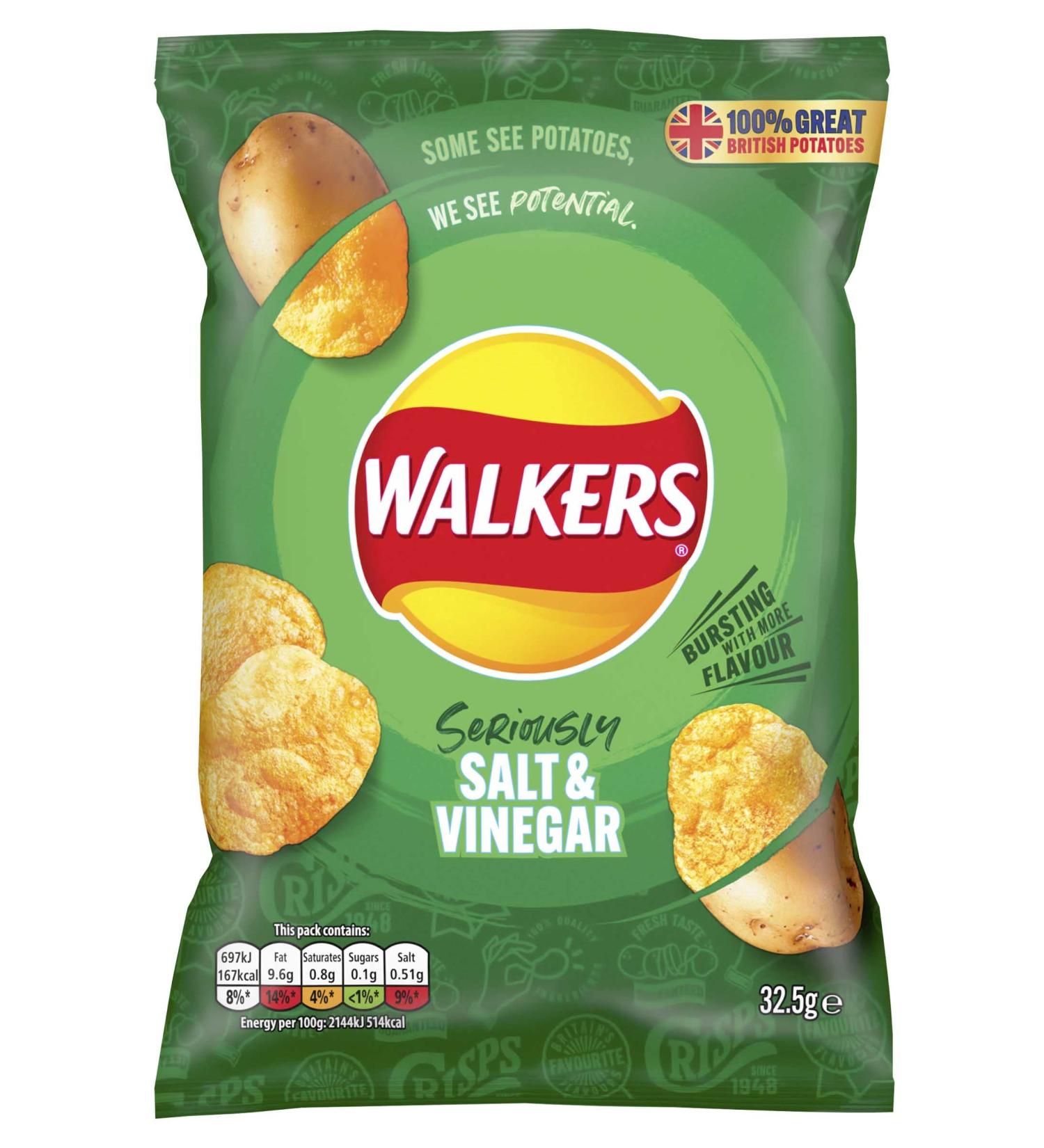 Walkers Crisps Grab Bags Salt and Vinegar 45g (64 Bags (2 Cases))
