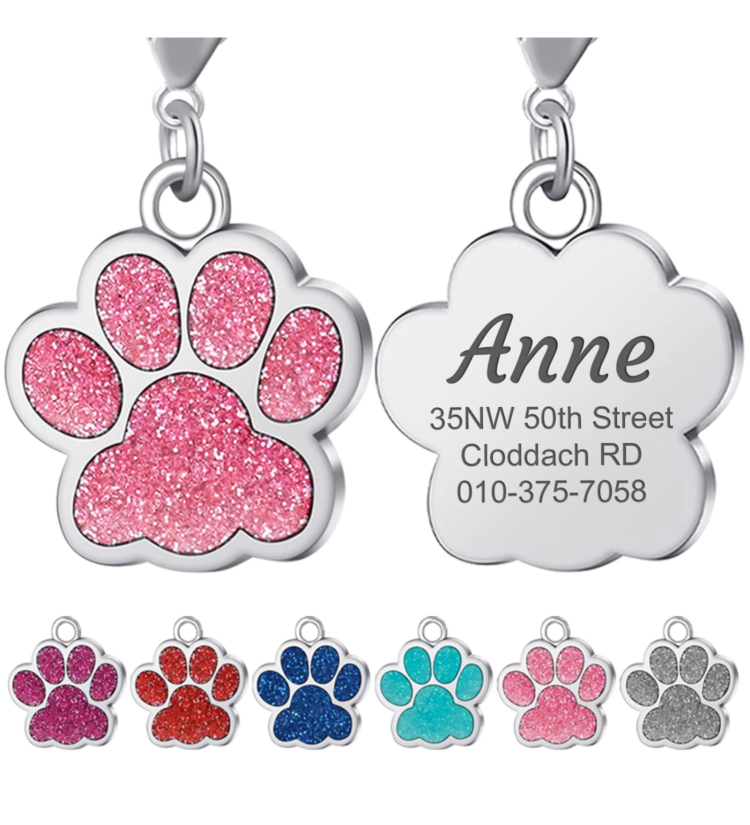 TEAYASON Personalised Dog Tag Dog Tags for Pets Engraved Custom Zinc Alloy Glitter Paw Print Name ID Tag for Dog Cat Pet(29x27mm Pink) - Buy Online on GoSupps.com