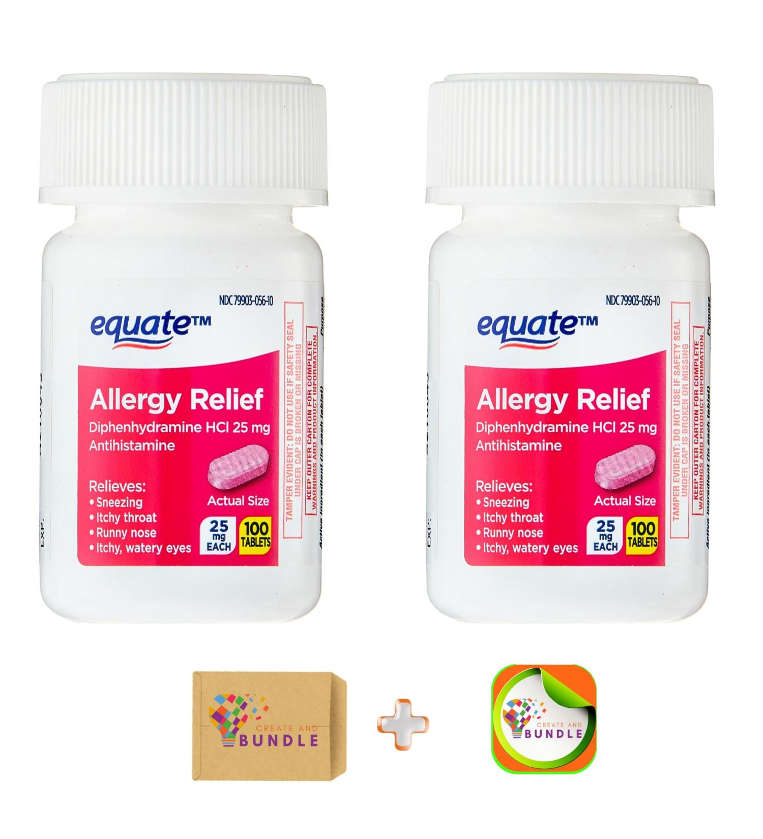Equate Allergy Relief 25 mg 100ct Tablets (Pack of 2) | Fast International Shipping & Createandbundle Sticker - Buy Online on GoSupps.com