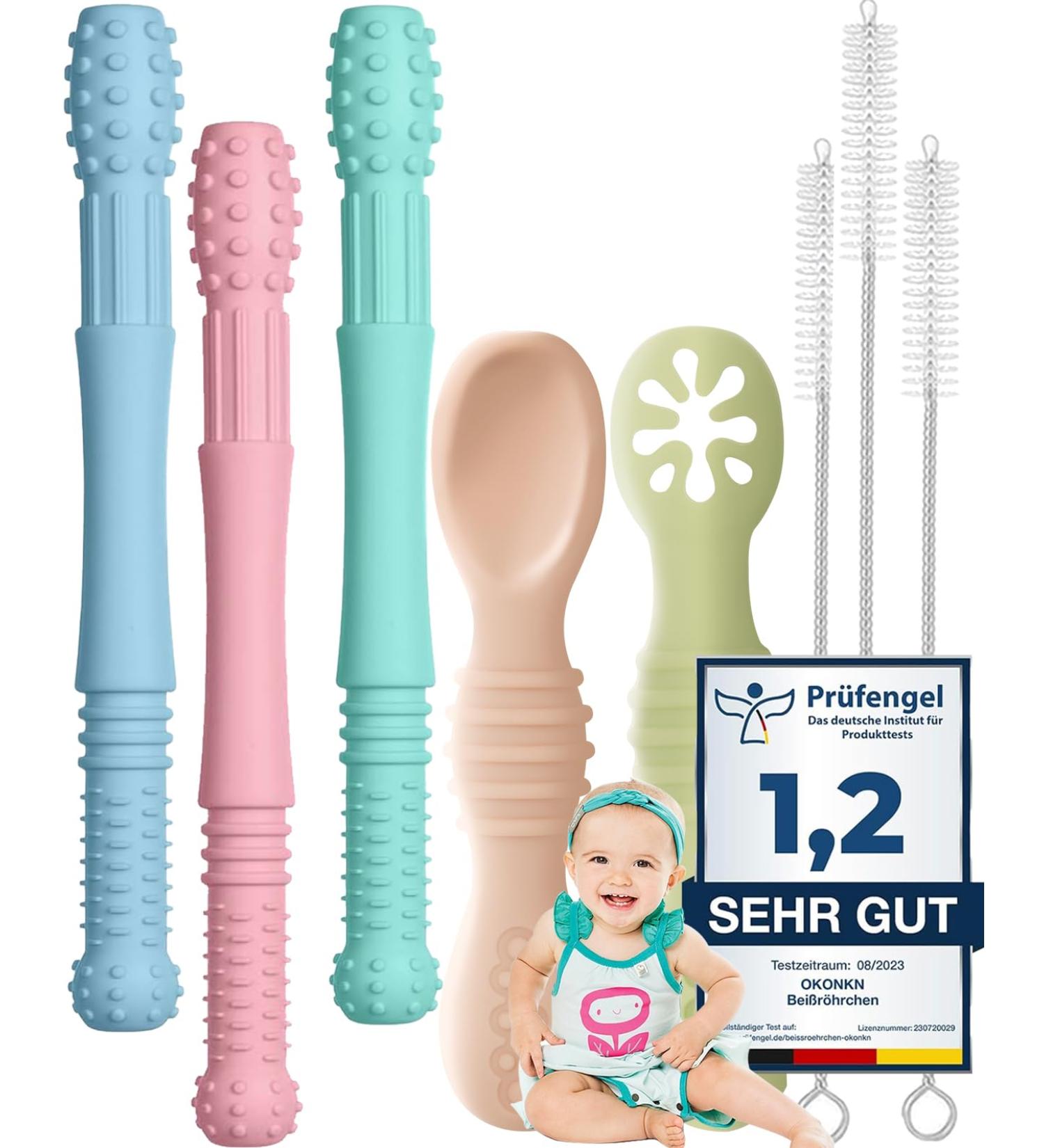 Okonkn Bite Tube Baby Set - 5 BPA-Free Silicone Dental Aids & Teething Rings for Boys & Girls 3+ Months - Safe Baby Accessories - Buy Online on GoSupps.com
