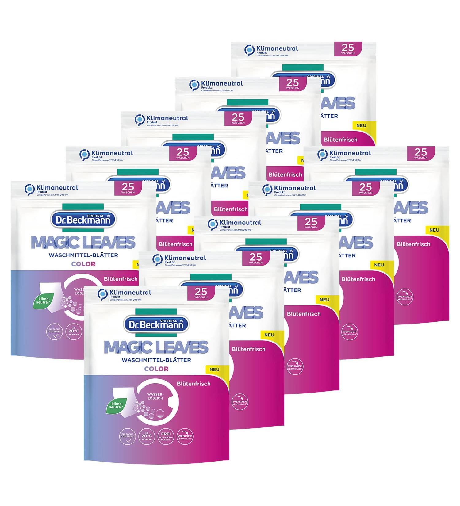 Dr. Beckmann Magic Leaves Colour Detergent Sheets Pre-Dosed & Water-Soluble Wash Sheets Space-Saving and Easy to Use 10 x 25 count (Pack of 10) Pack of 10