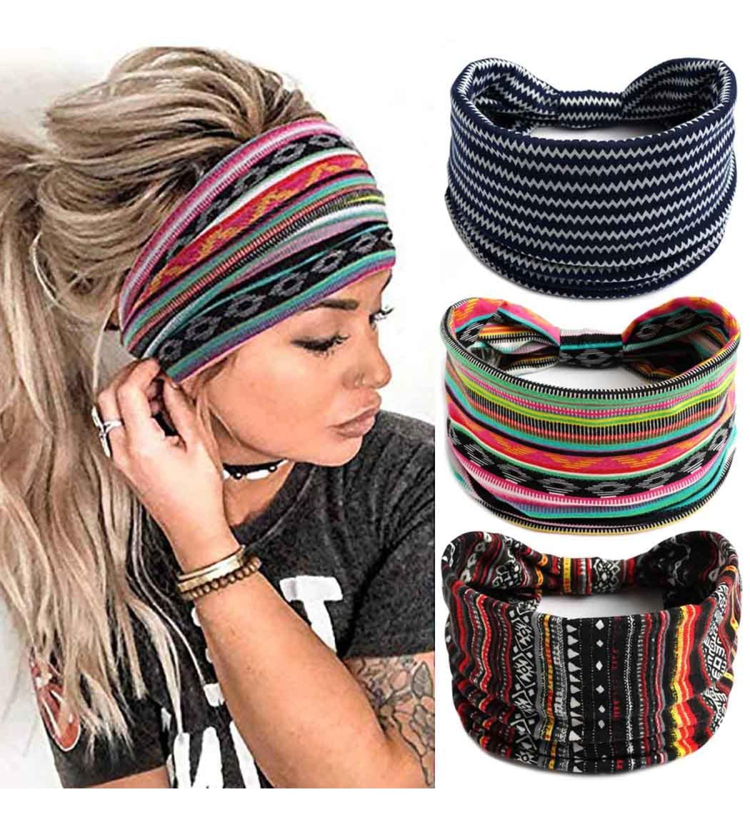 Zoestar Boho Wide Stripes Black Yoga Headscarf | Vintage Stylish Turban Hair Bands | 3-Piece Elastic Fashion Accessories for Women & Girls - Buy Online on GoSupps.com