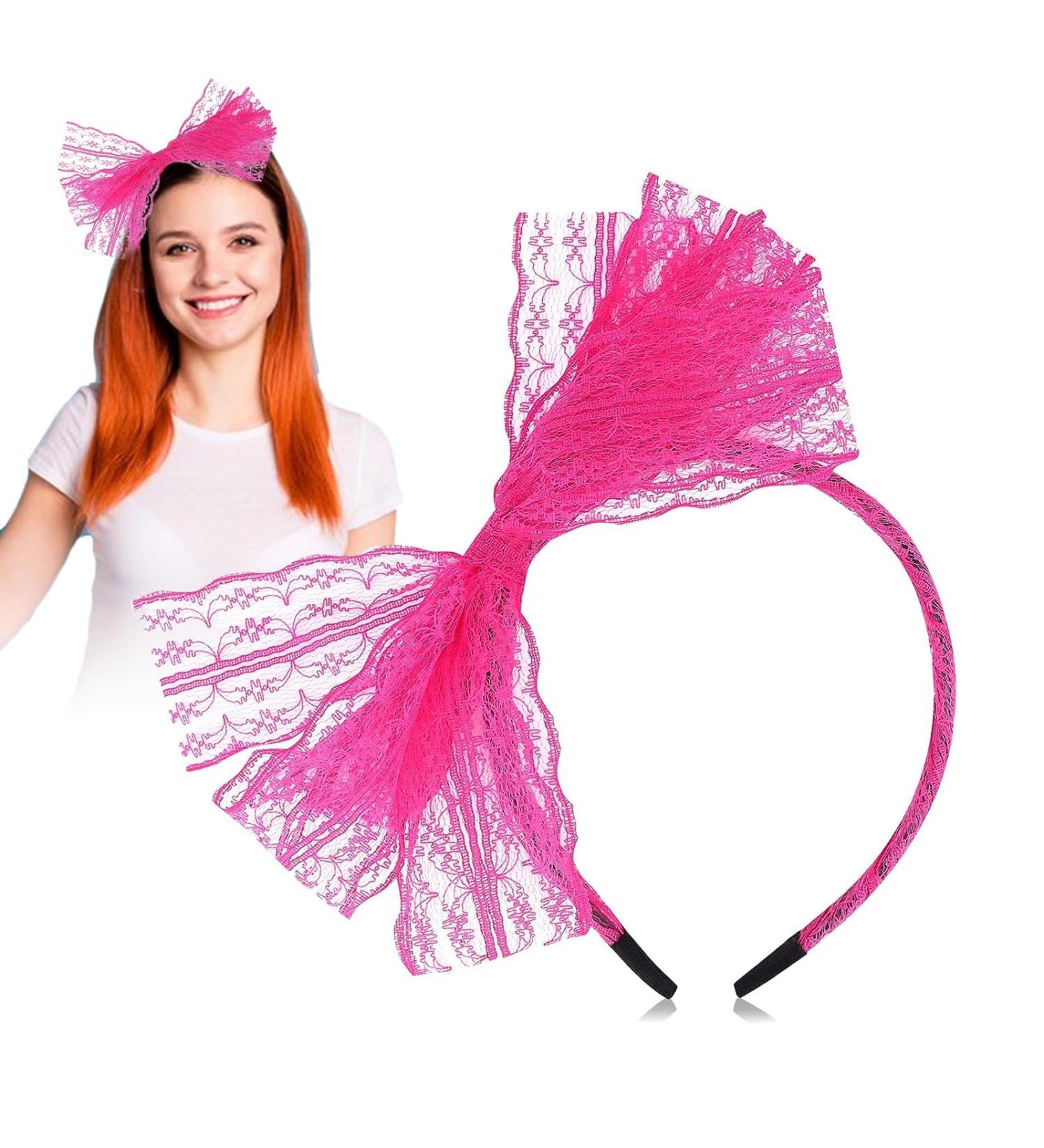 Neon Lace Bow Hairband 1980s Pink Headband Hairband Hair Accessories Lace Headbands Pink Accessories For Women Girls Mardi Gras Christmas Cosplay - Buy Online on GoSupps.com