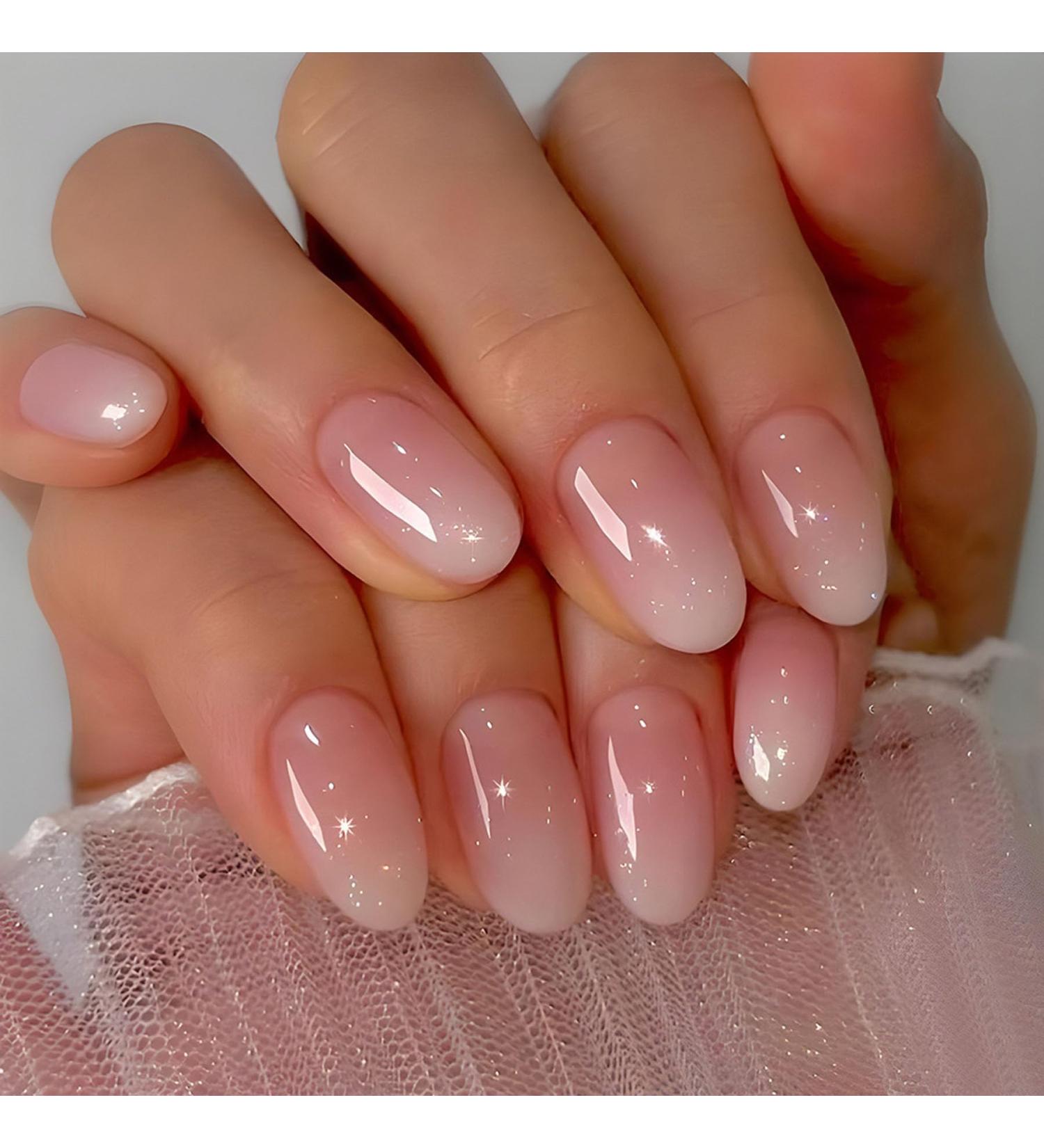Short Press On Nails Oval Shape | Pink White Gradient Acrylic Nails | Glossy French Tip Glue On Nails for Women & Girls - Buy Online on GoSupps.com