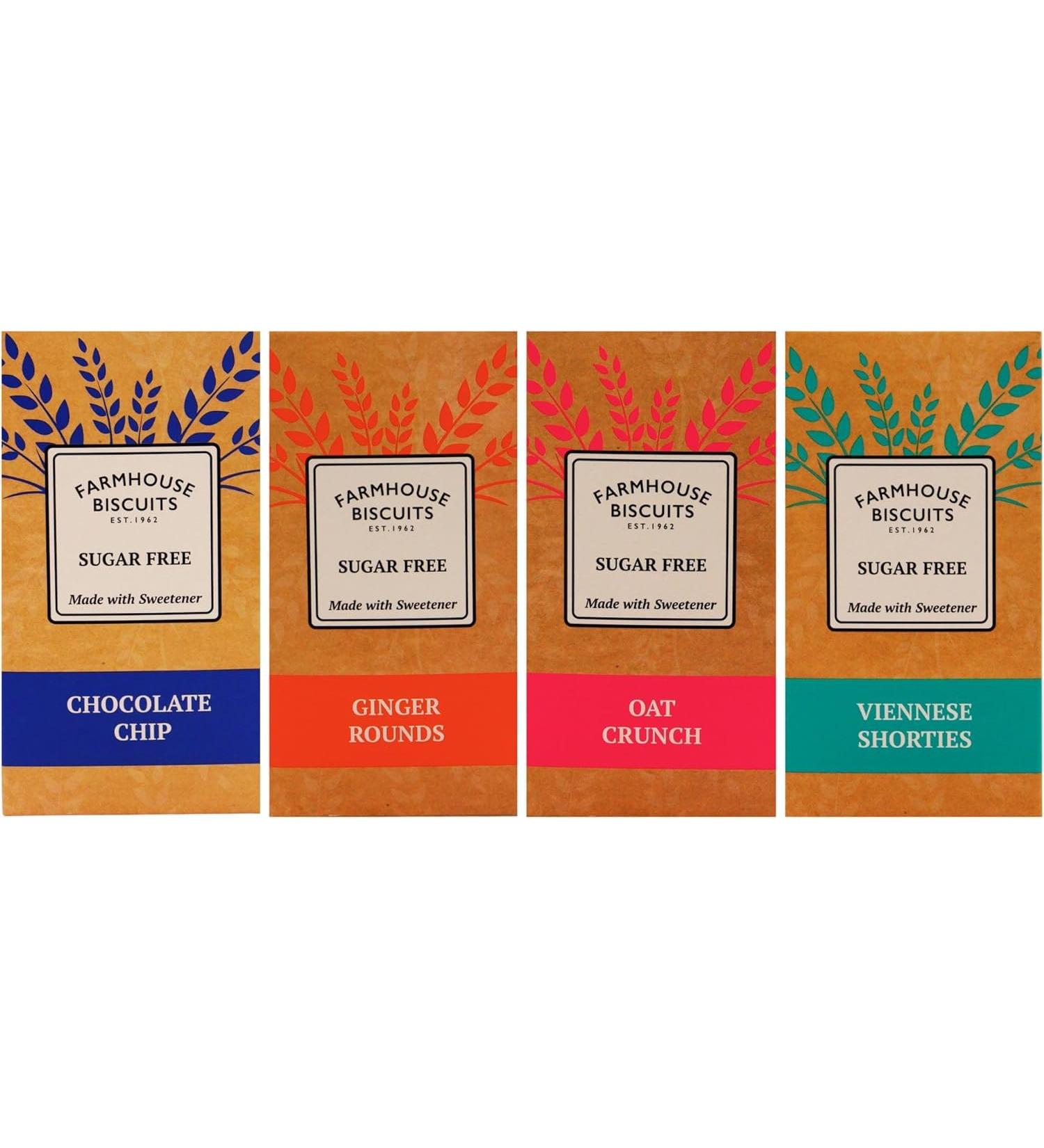 Farmhouse Sugar Free Luxury Cookies Selection - Viennese Shorties Oat Crunch Cookies Ginger Cookies & Choc Chip Cookies 150g Each Ginger 150 g (Pack of 4) - Buy Online on GoSupps.com