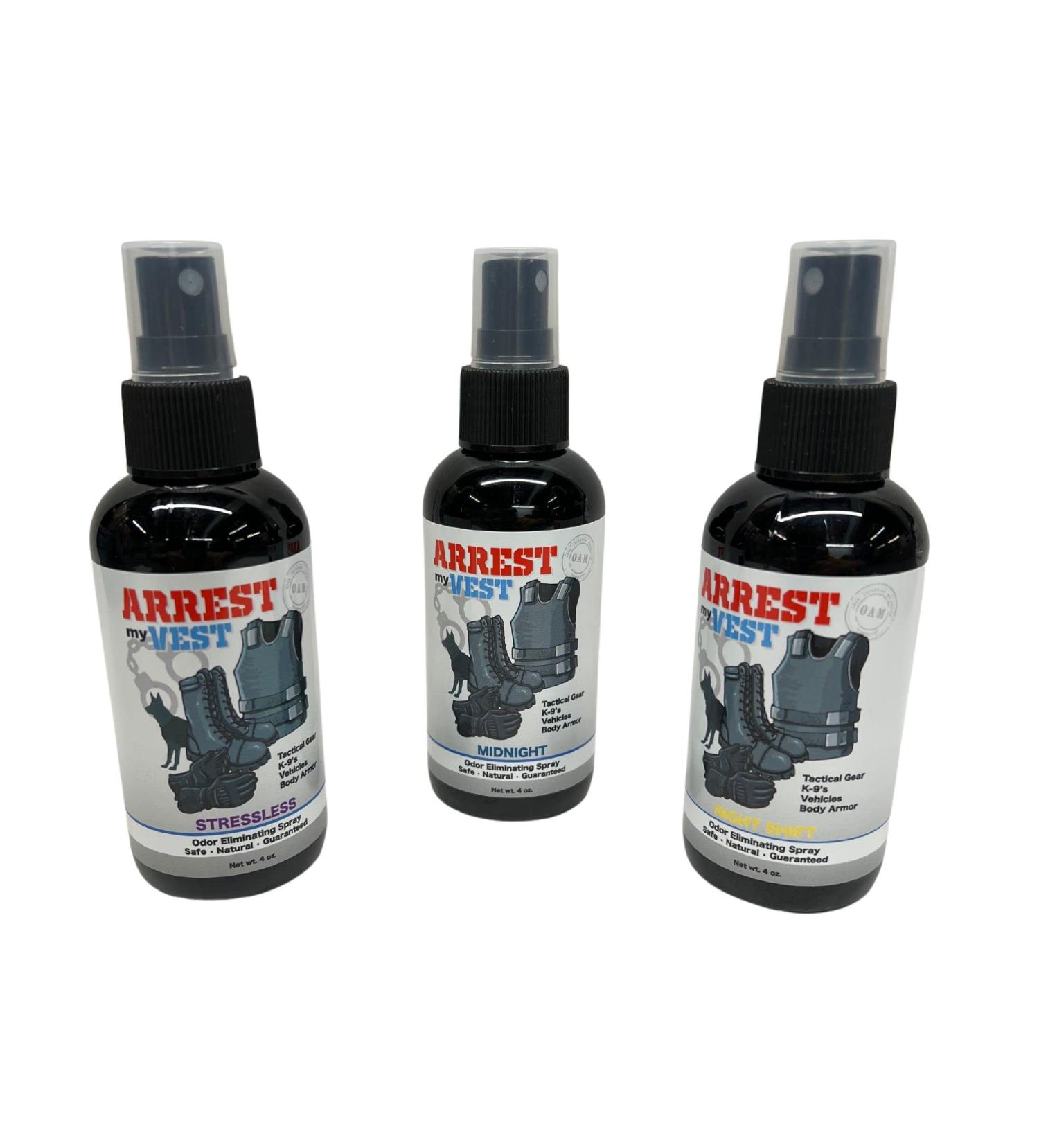 Arrest My Vest Military and Police Grade Odor Eliminating Spray for Body Armor Odor, Tactical Gear. Safe on K9's. Triple Pack of Assorted Fragrances 1 Midnight, 1 Stressless and 1 Night Shift Bottles