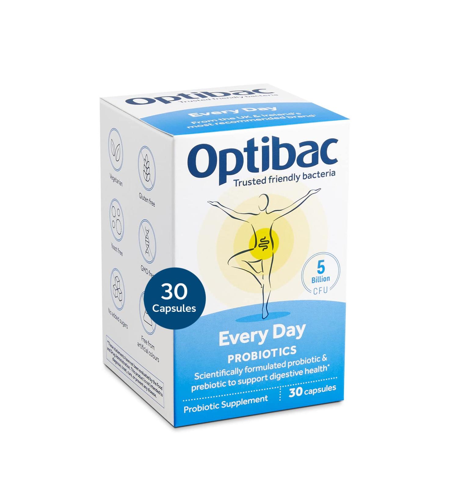 Optibac Probiotics for Every Day - Vegetarian Probiotic Supplement for Digestion & Gut Health 5 Billion CFU & Prebiotic - 30 Capsules - Buy Online on GoSupps.com