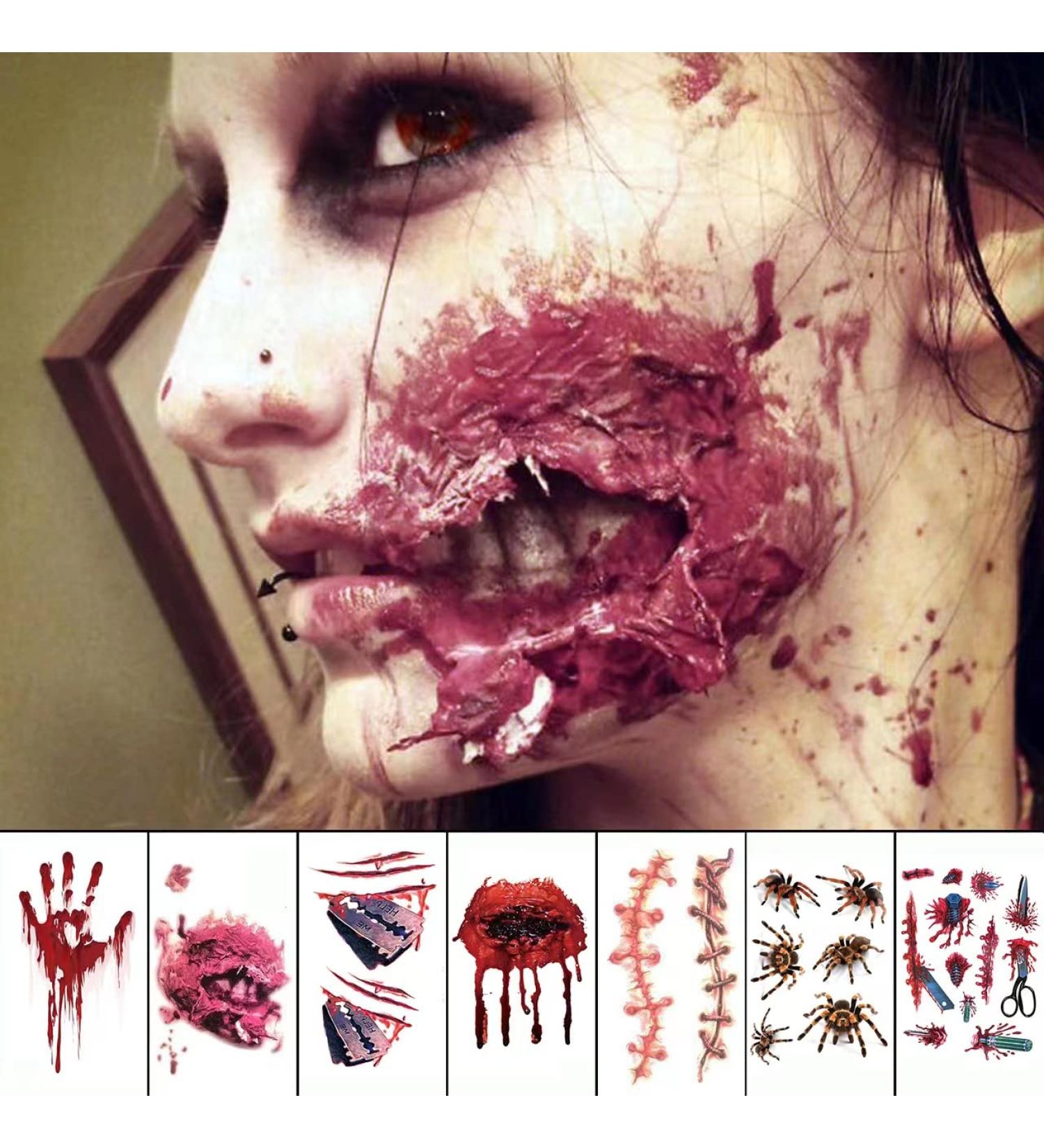 Halloween 3D Zombie Scar Face Tattoo Sticker - Waterproof Fake Bloody Wound for Cosplay, Party, and Pranks - Buy Online on GoSupps.com