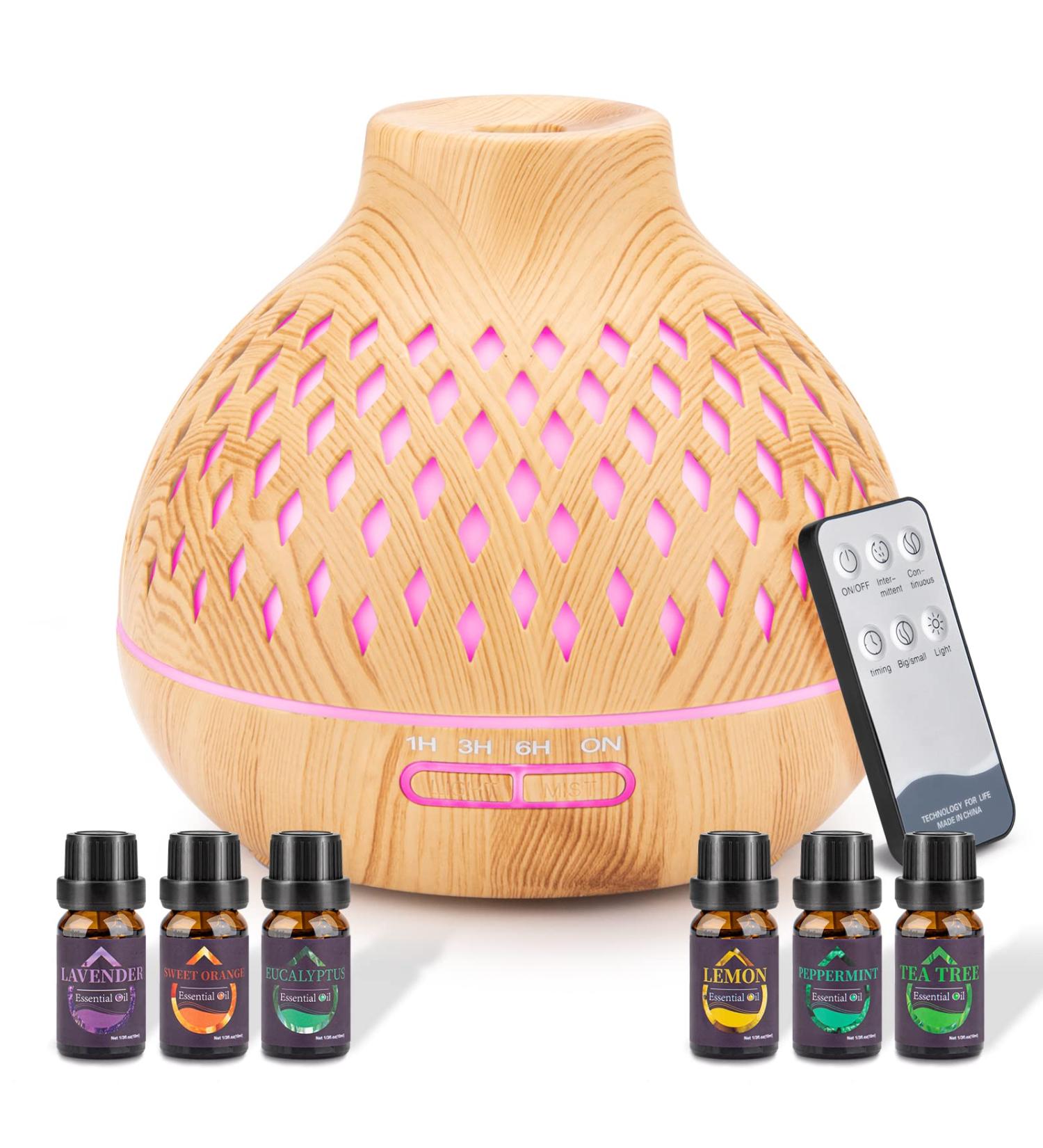 400ml Aroma Diffuser Set with 6 Essential Oils - Ultrasonic Humidifier with Remote Control 14-Color LED Timer & Auto-Off | Ideal for Aromatherapy & Relaxation - Buy Online on GoSupps.com