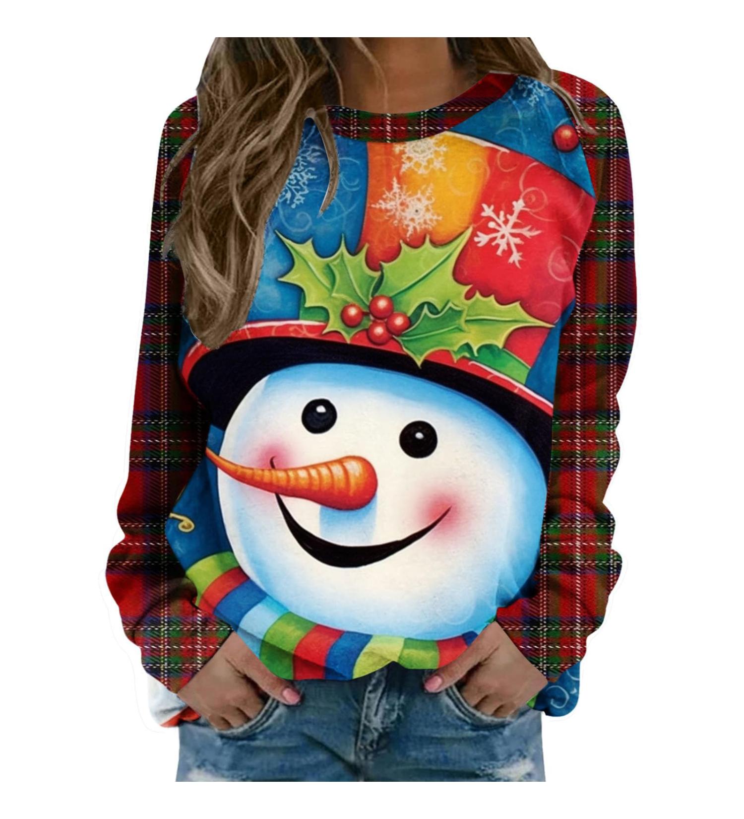Womens Christmas Sweatshirt | Snowman Penguin Print | O-Neck Raglan Top | Comfy & Warm Xmas Jumper | Sky Blue - Buy Online on GoSupps.com