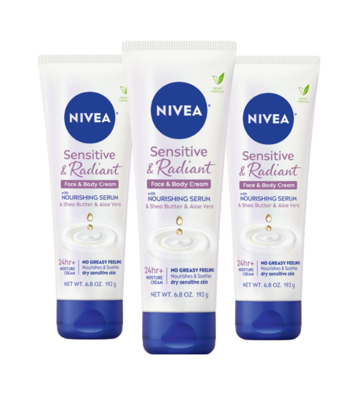 NIVEA Sensitive and Radiant Face and Body Cream for Dry, Sensitive Skin, Vegan Body and Face Moisturizer with Shea Butter and Aloe Vera, 6.8 Oz Tube, Pack of 3 - Buy Online on GoSupps.com