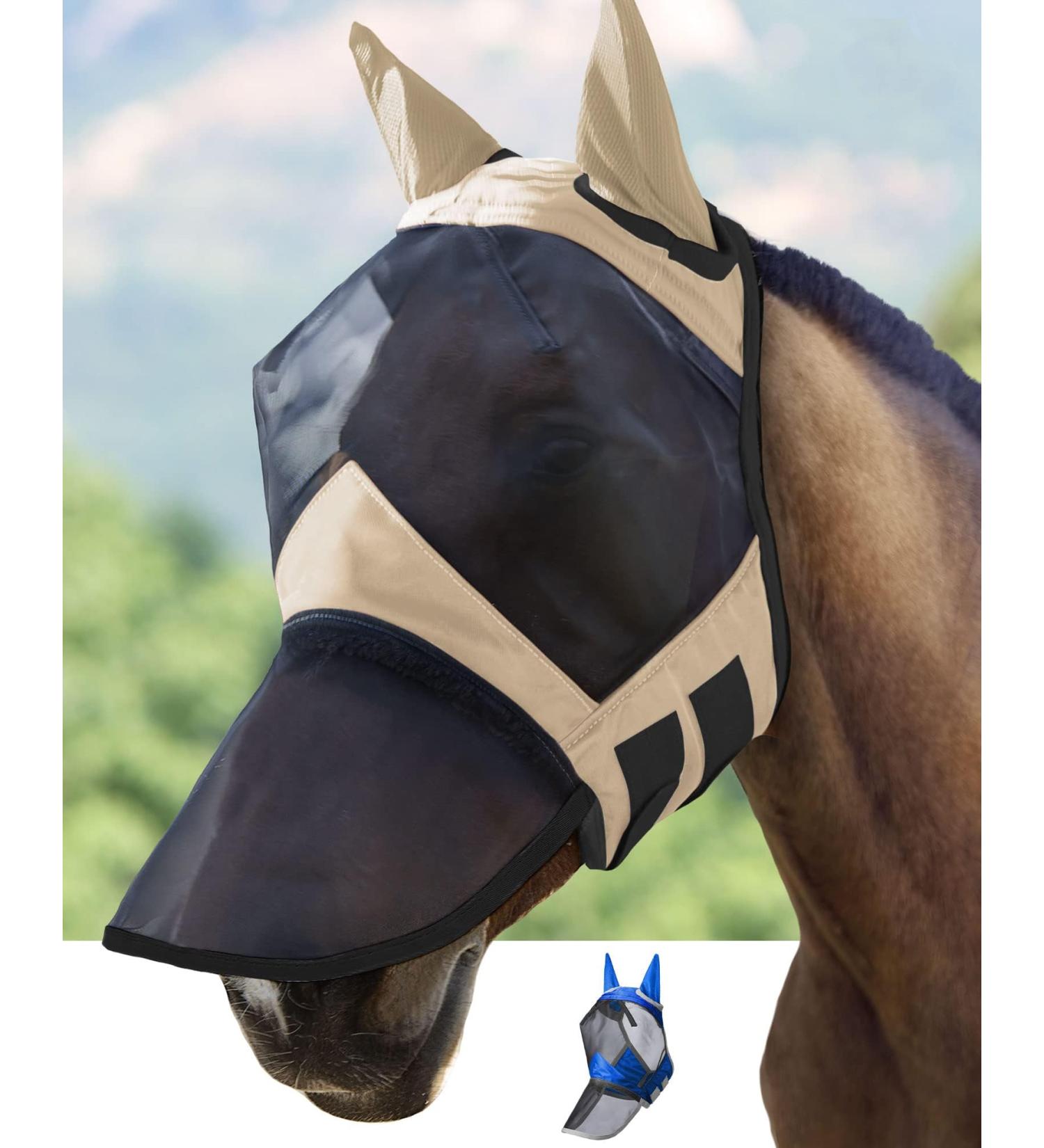 Harrison Howard Caremaster Pro Long Nose Fly Mask with Ears - UV Protection for Horses | Light Champagne - Buy Online on GoSupps.com