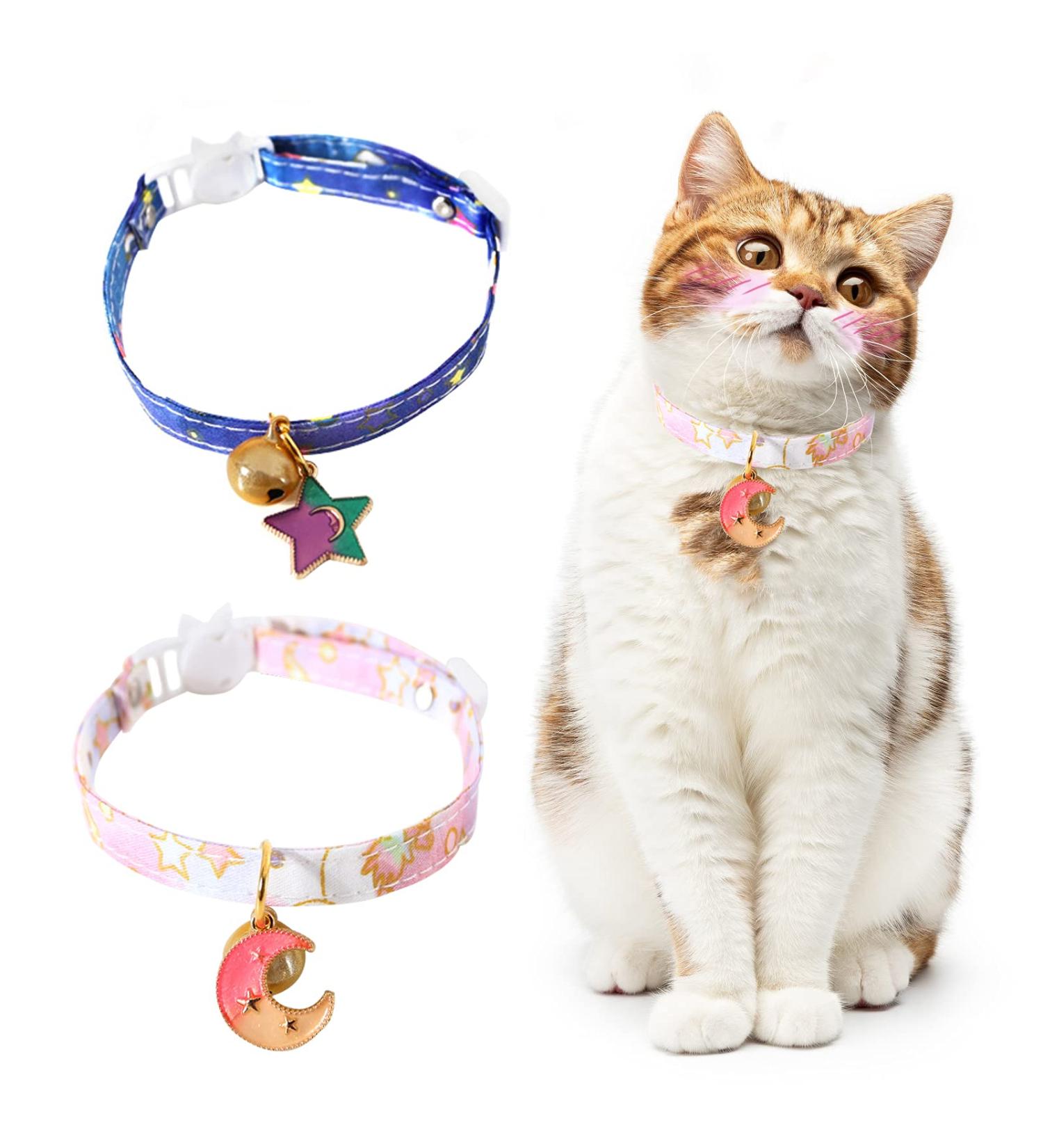 HACRAHO Breakaway Cat Collar 2 PCS - Adjustable Moon Stars Safety Collar for Cats Kittens Puppies - Pink and Blue - Buy Online on GoSupps.com