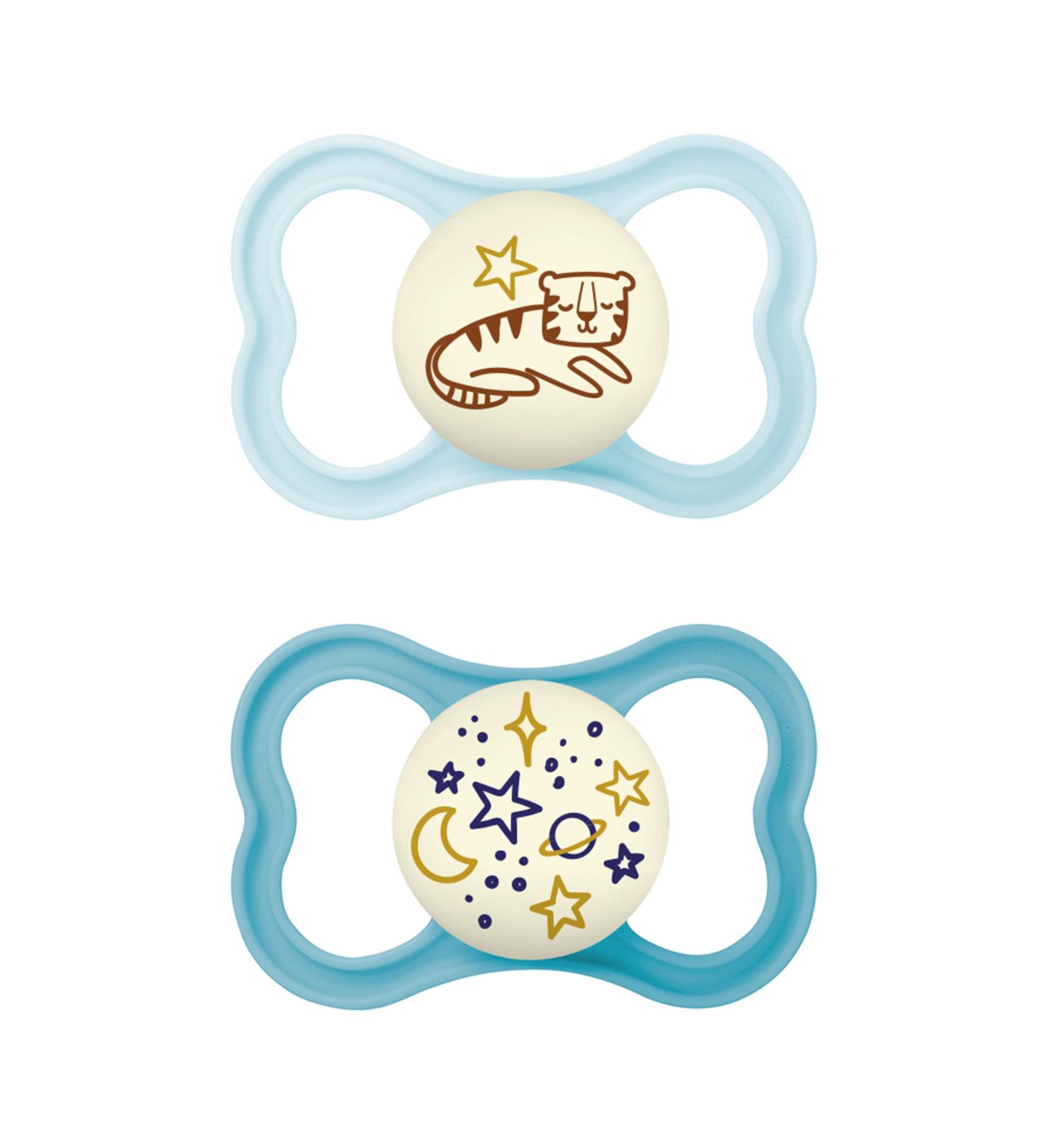 Mam Supreme Night Pacifiers 2 Set | Bright Baby Soothers for Dental Health | Skin-Friendly | Includes Pacifier Box | 16+ Months | Tiger/Universe Design - Buy Online on GoSupps.com