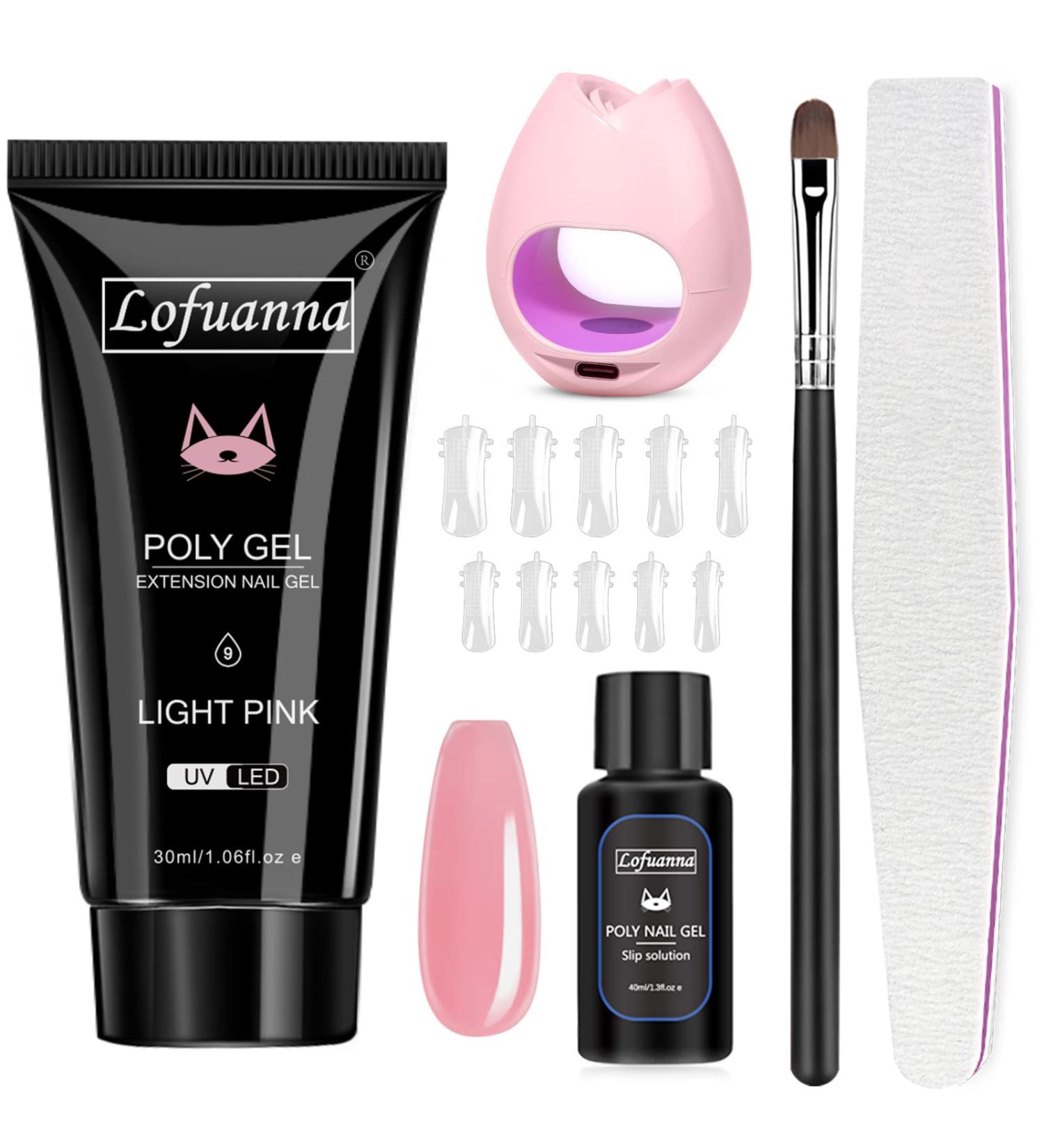 Lofuanna Poly Gel Nail Kit - Light Pink Poly Extension Gel Starter Kit with Lamp, Brush & Slip Solution - Nail Strengthening DIY Set for Beginners - Buy Online on GoSupps.com