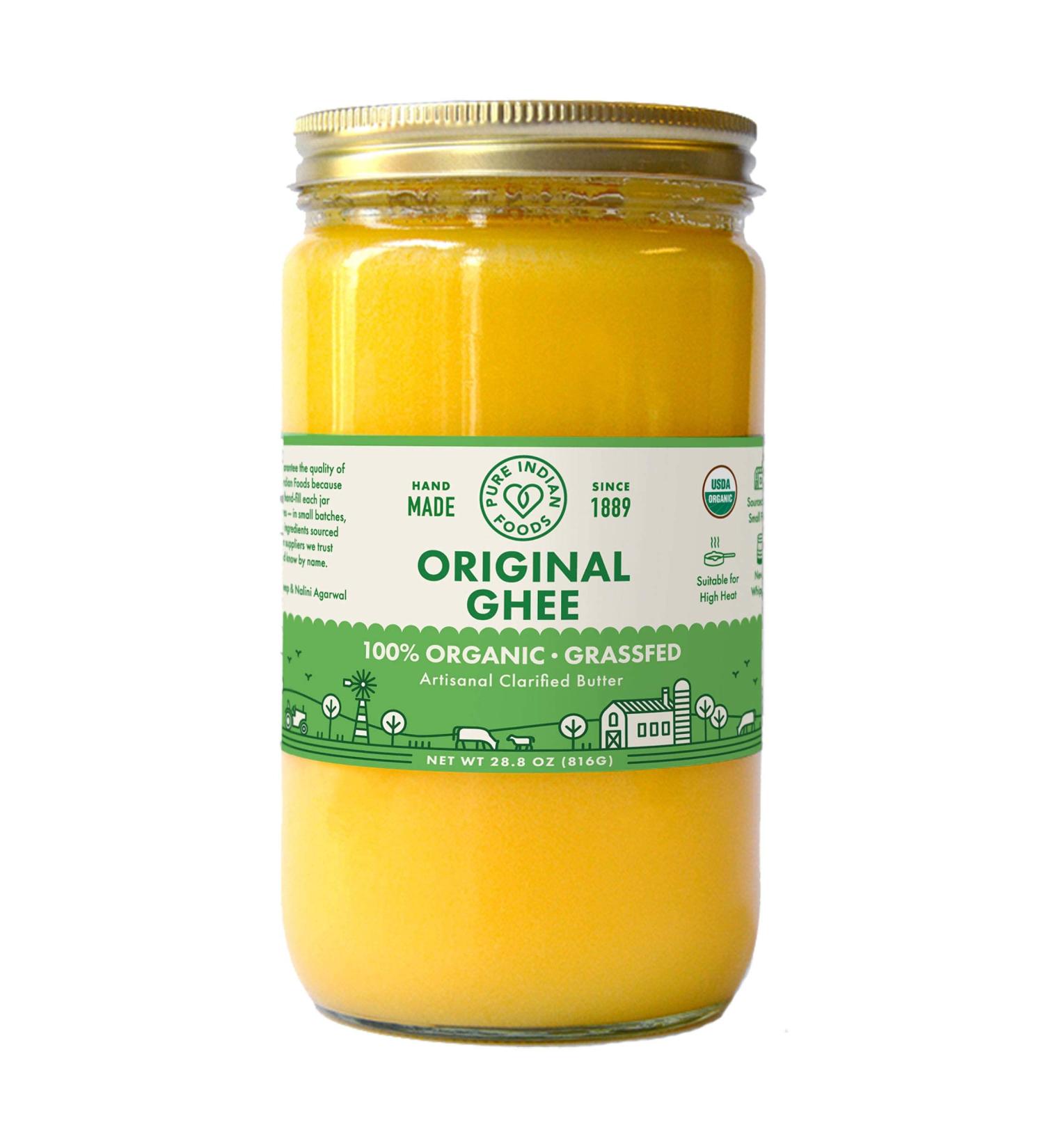Pure Indian Foods Organic Grassfed Original Ghee 28.8 oz - Made in USA, Non-GMO, Gluten Free - Paleo & Keto Friendly Clarified Butter - 32 fl oz / 1 Quart - Buy Online on GoSupps.com