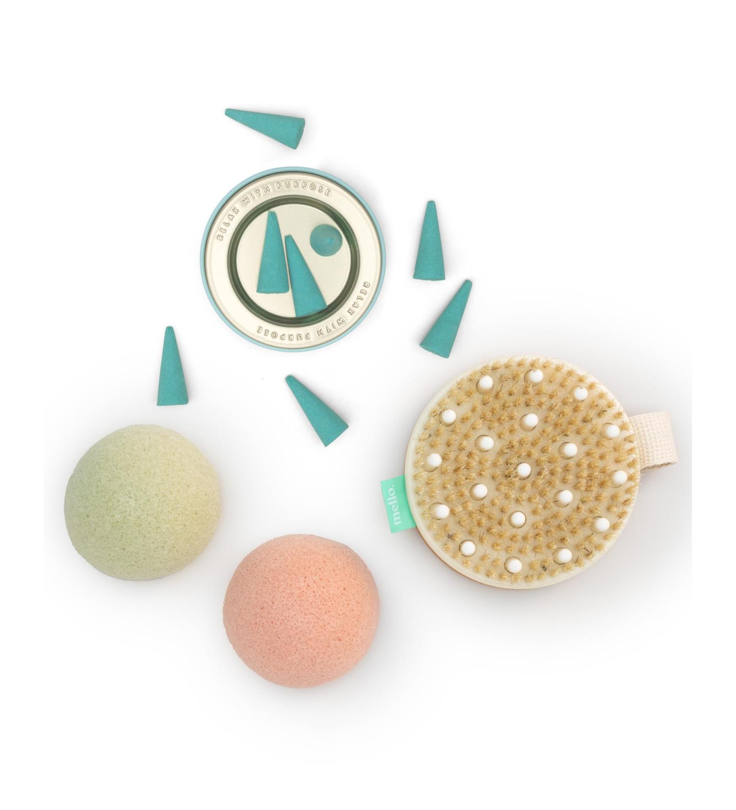 Mello Bath Accessories Deep Soak | Spa & Self Care Gifts for Women | Relaxation Essentials: Konjac Sponge Incense Cones Exfoliating Brush - Buy Online on GoSupps.com