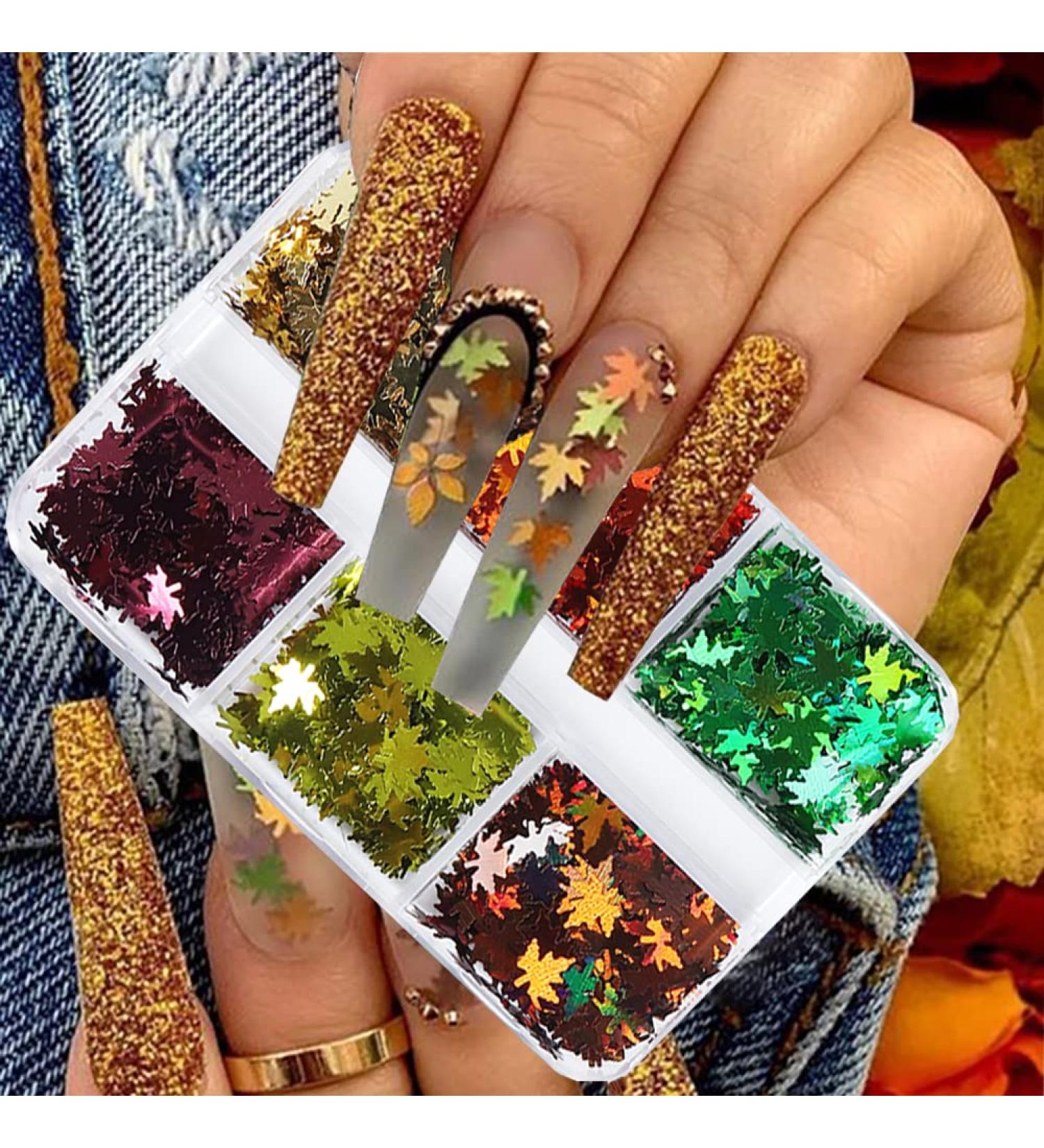 Fall Glitter Nail Sequins - Holographic Maple Leaf Nail Art Decorations | 6 Grids for Autumn & Winter Designs - Buy Online on GoSupps.com