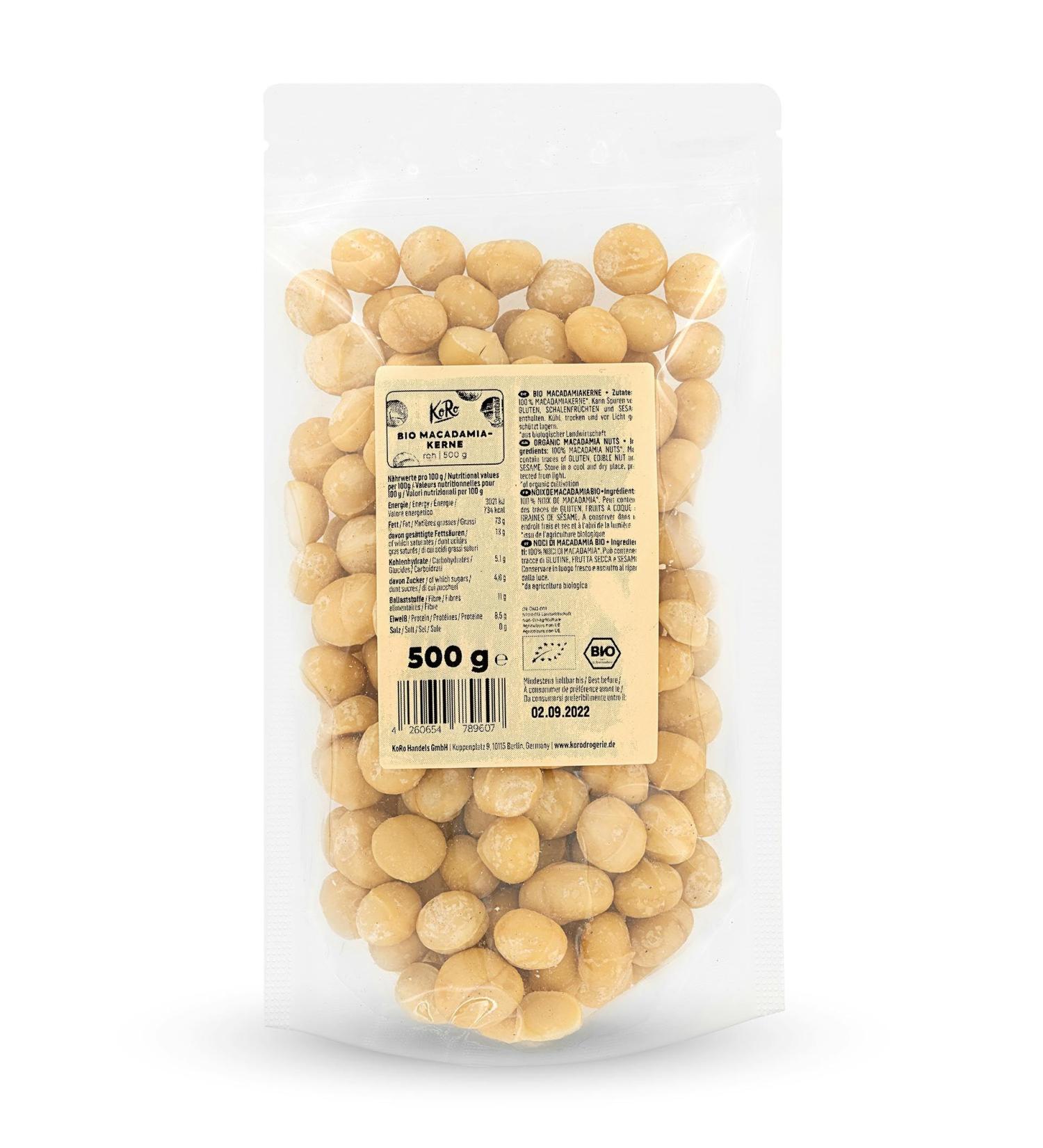 Koro Bio Macadamia Nuts 500g - Organic Whole Kernels with Mild Aroma - Additive-Free & Crispy - International Shipping Available - Buy Online on GoSupps.com