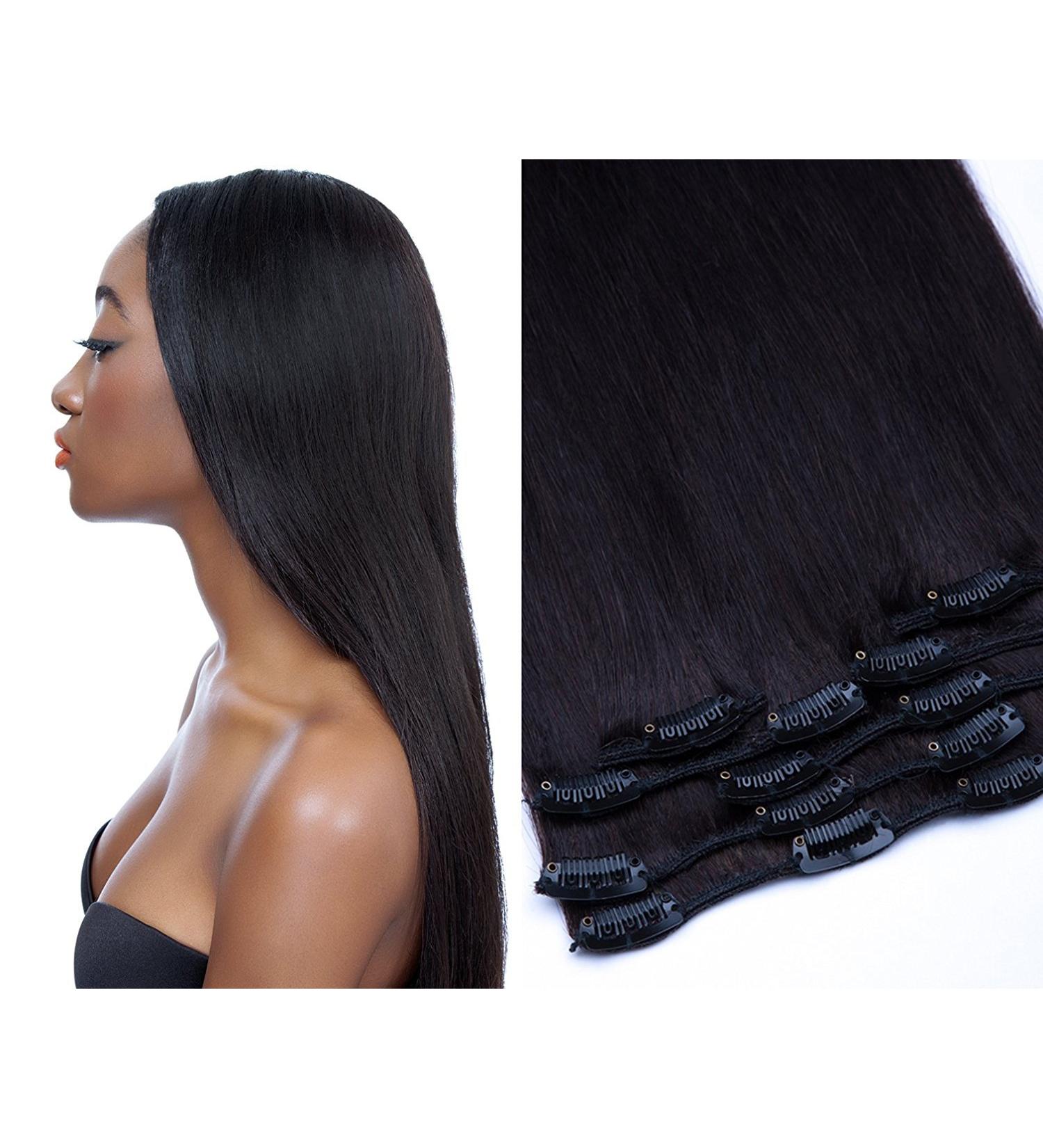 Clip In Extensions Set - 100% Real Hair 7 Pieces 70g 55cm - Natural Black #1B - Premium Quality Hair Extensions for Instant Volume & Length - Buy Online on GoSupps.com