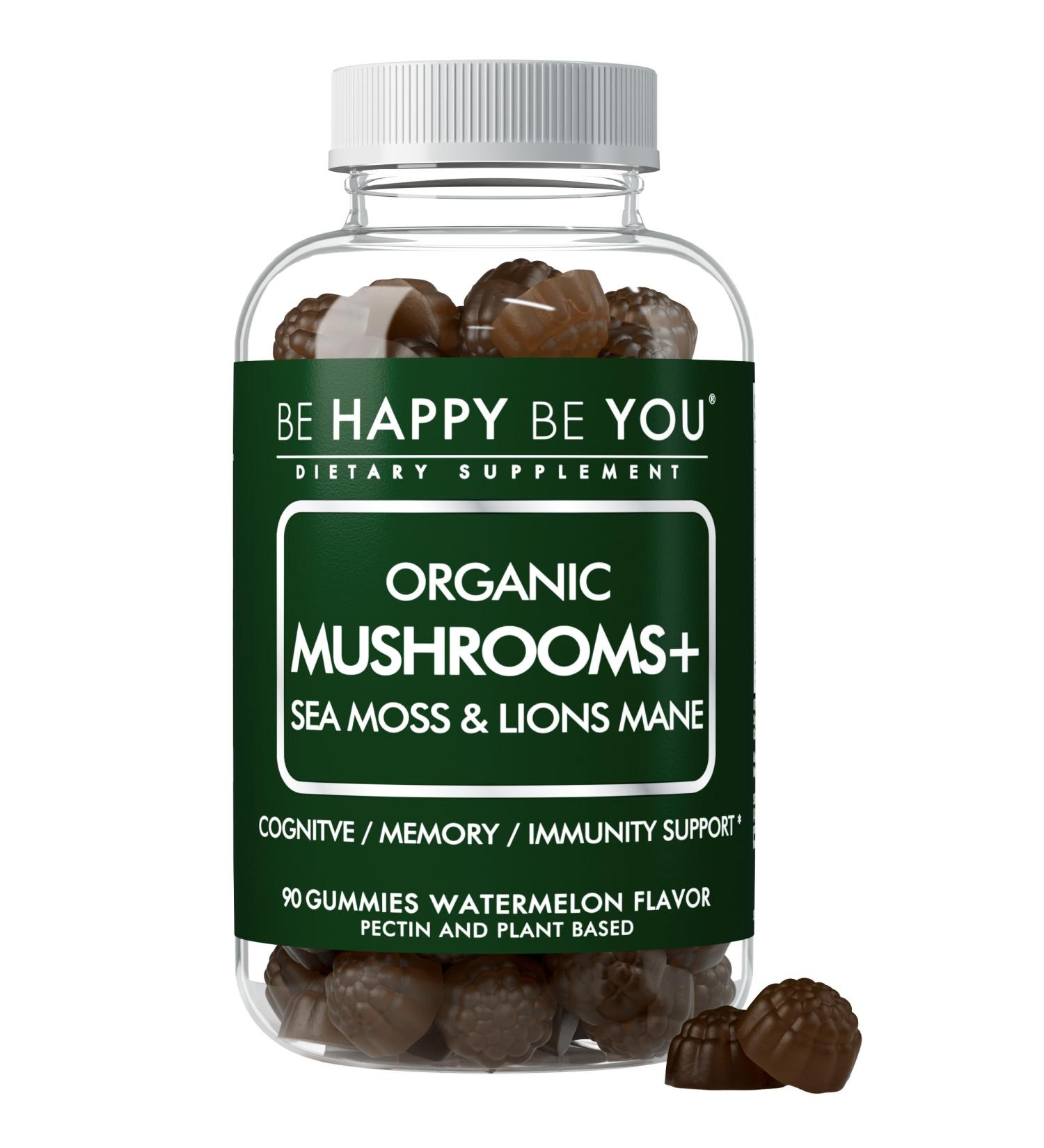 Be Happy Be You Organic Mushroom Sea Moss Gummies Lion s Mane, Reishi, Chaga, Cordyceps, Coriolus & Irish Moss Cognitive & Immune Support Vegan, Gelatin-Free, Pectin-Based Watermelon 90 Ct - Buy Online on GoSupps.com