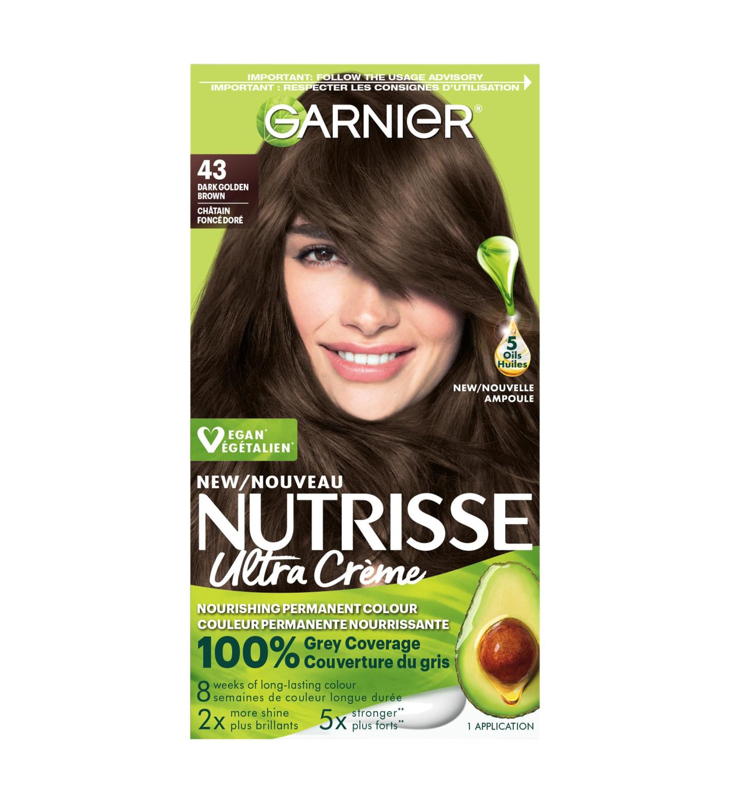 Garnier Nutrisse Ultra Cr me Permanent Hair Dye 100% Grey Coverage Vegan Formula Nourished Hair Long-Lasting Rich Colour 43 Dark Golden Brown 1 Application Packaging May Vary BROWN SHADES 43 Dark Golden Brown - Buy Online on GoSupps.com