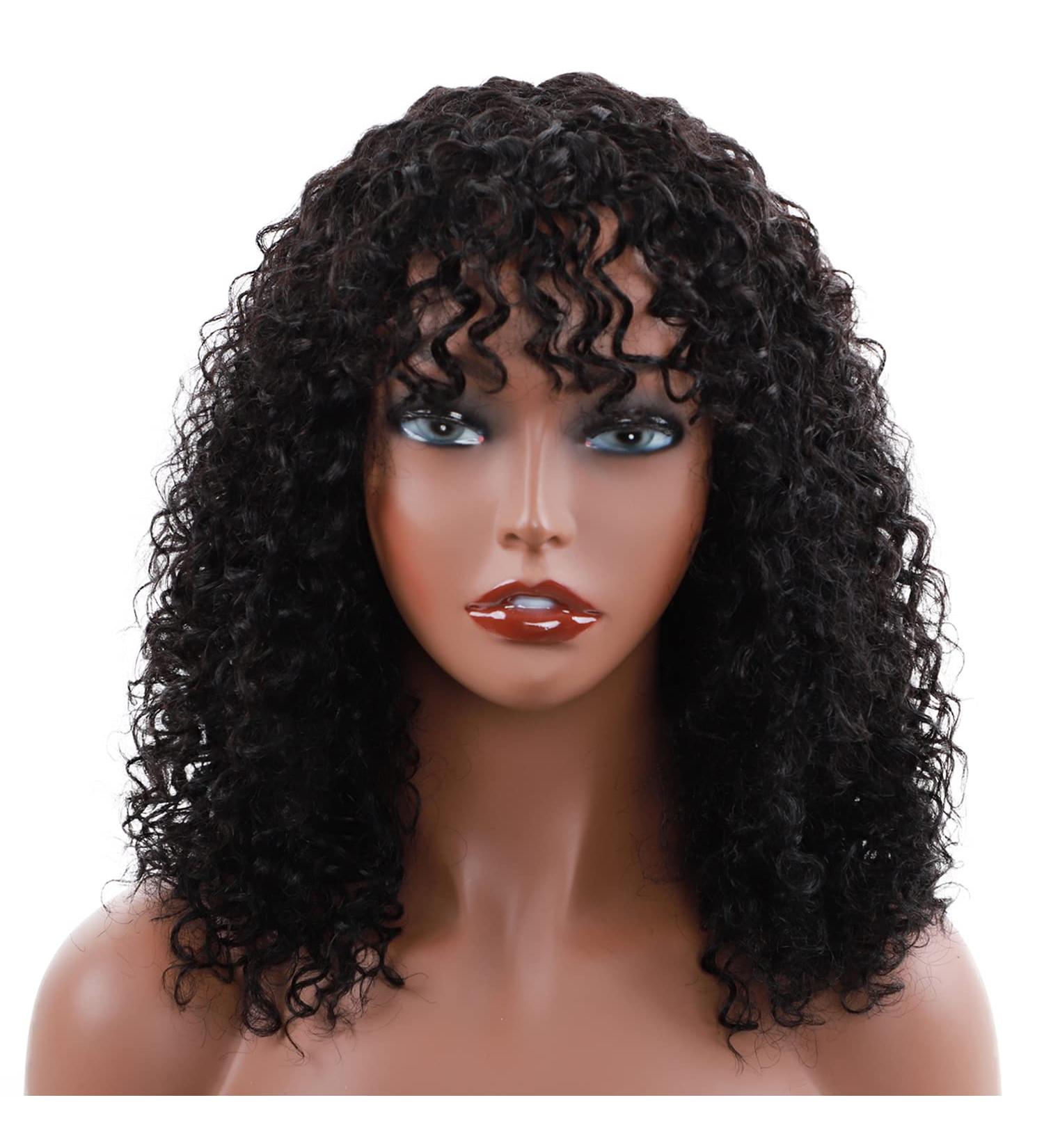 Kinky Curly Wig with Bangs - 16 Inch Human Hair Wig for Black Women | 180% Density Brazilian Virgin Hair | Glueless Non-Lace Wig - Buy Online on GoSupps.com