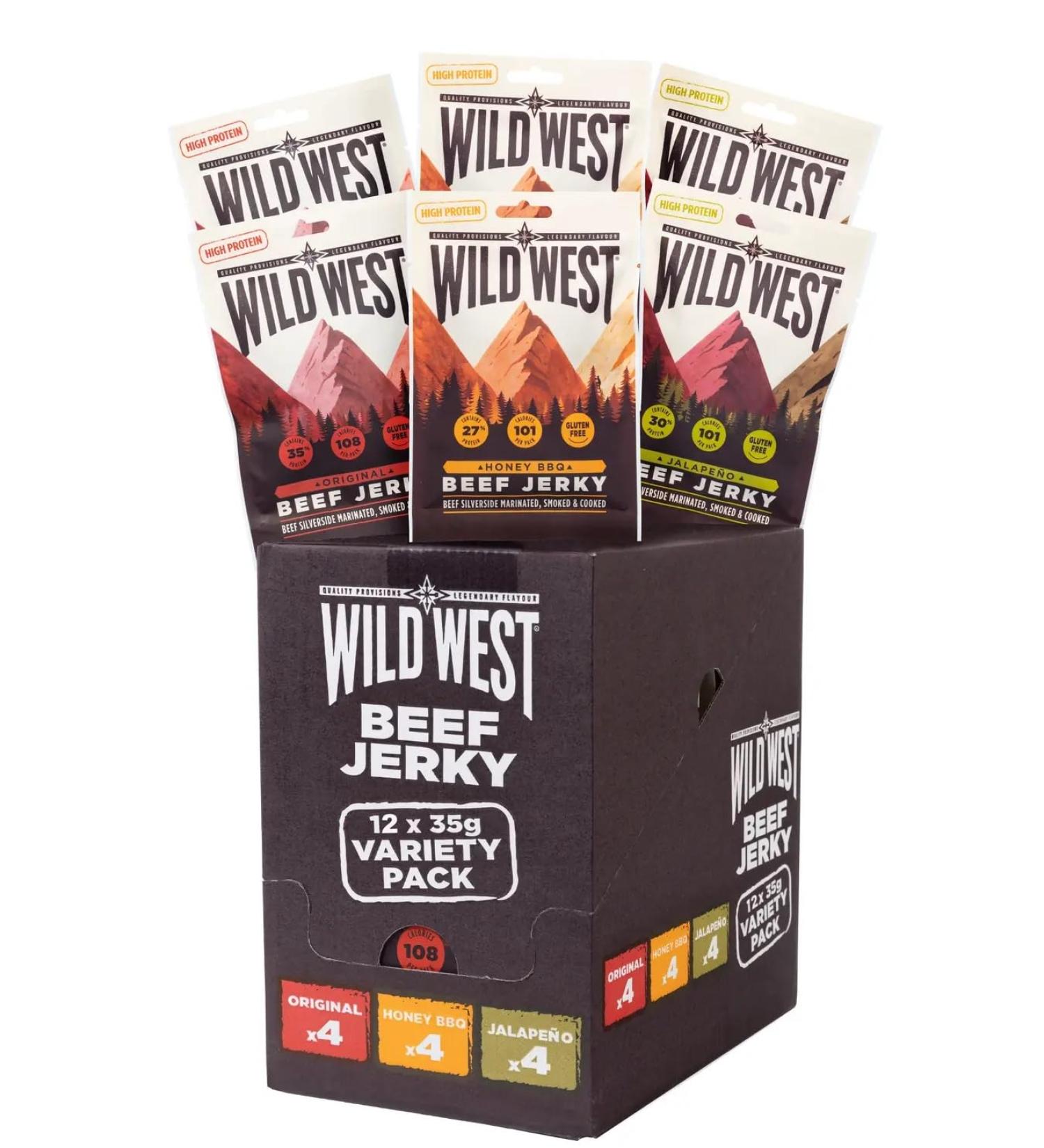 Wild West Beef Jerky - Variety Pack 12 x 35g (4 x Original 4 x Honey BBQ 4 x Jalapeno) Perfect Post Gym Meat Snack Mixed Flavour - Buy Online on GoSupps.com