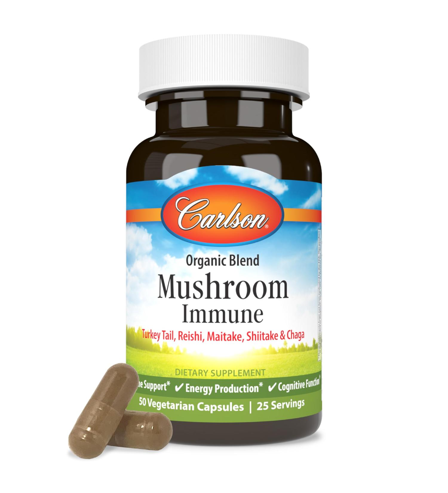 Carlson - Mushroom Complex Organic Blend with Turkey Tail Reishi Maitake Shiitake Chaga Non-GMO 50 Vegetarian Capsules 50 Count (Pack of 1) - Buy Online on GoSupps.com