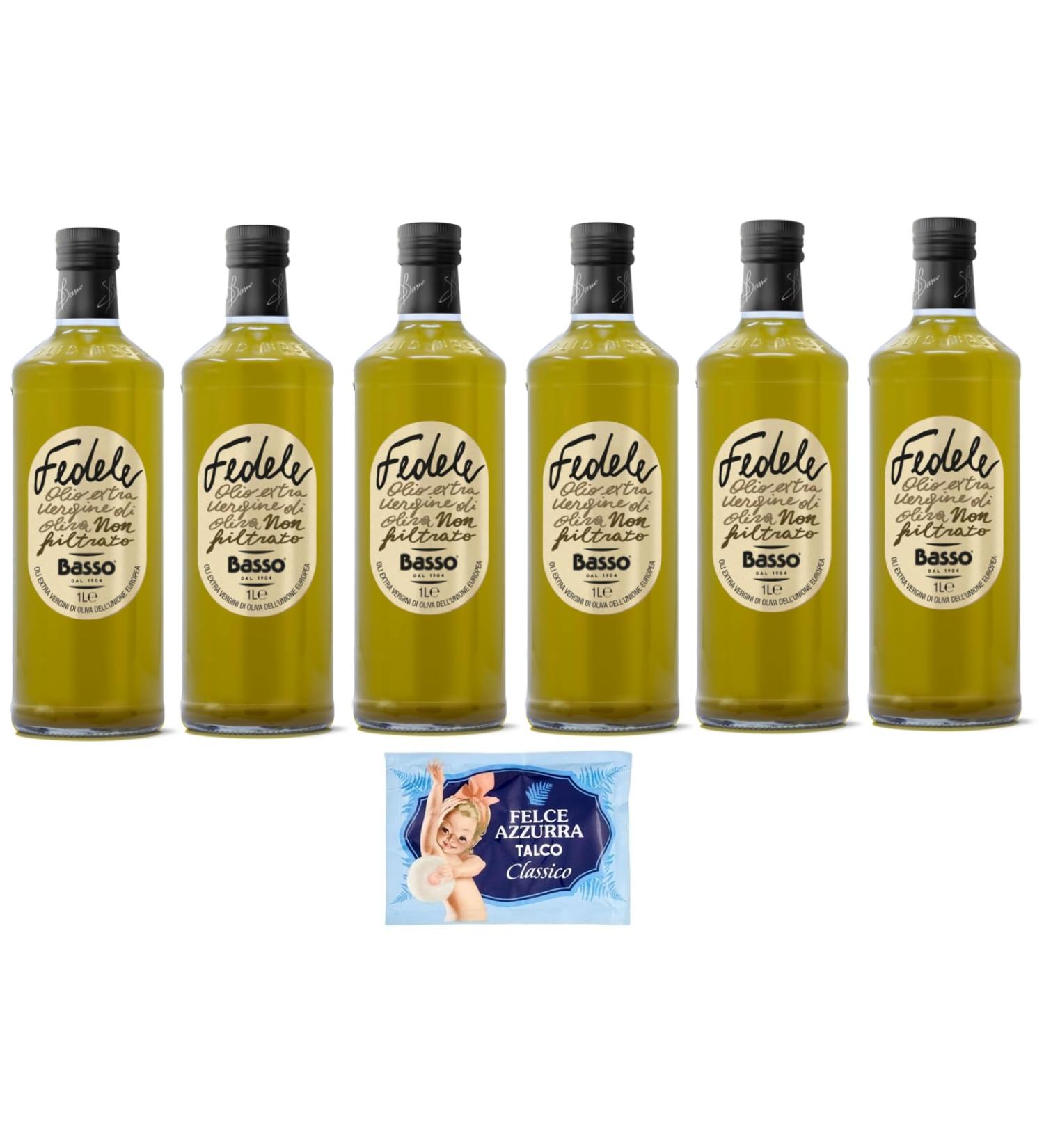 Basso Fedele Extra Virgin Olive Oil Unfiltered 1 Litre + 1 x Felce Azzurra Talcum Powder 100 g Pack of 6 - Buy Online on GoSupps.com
