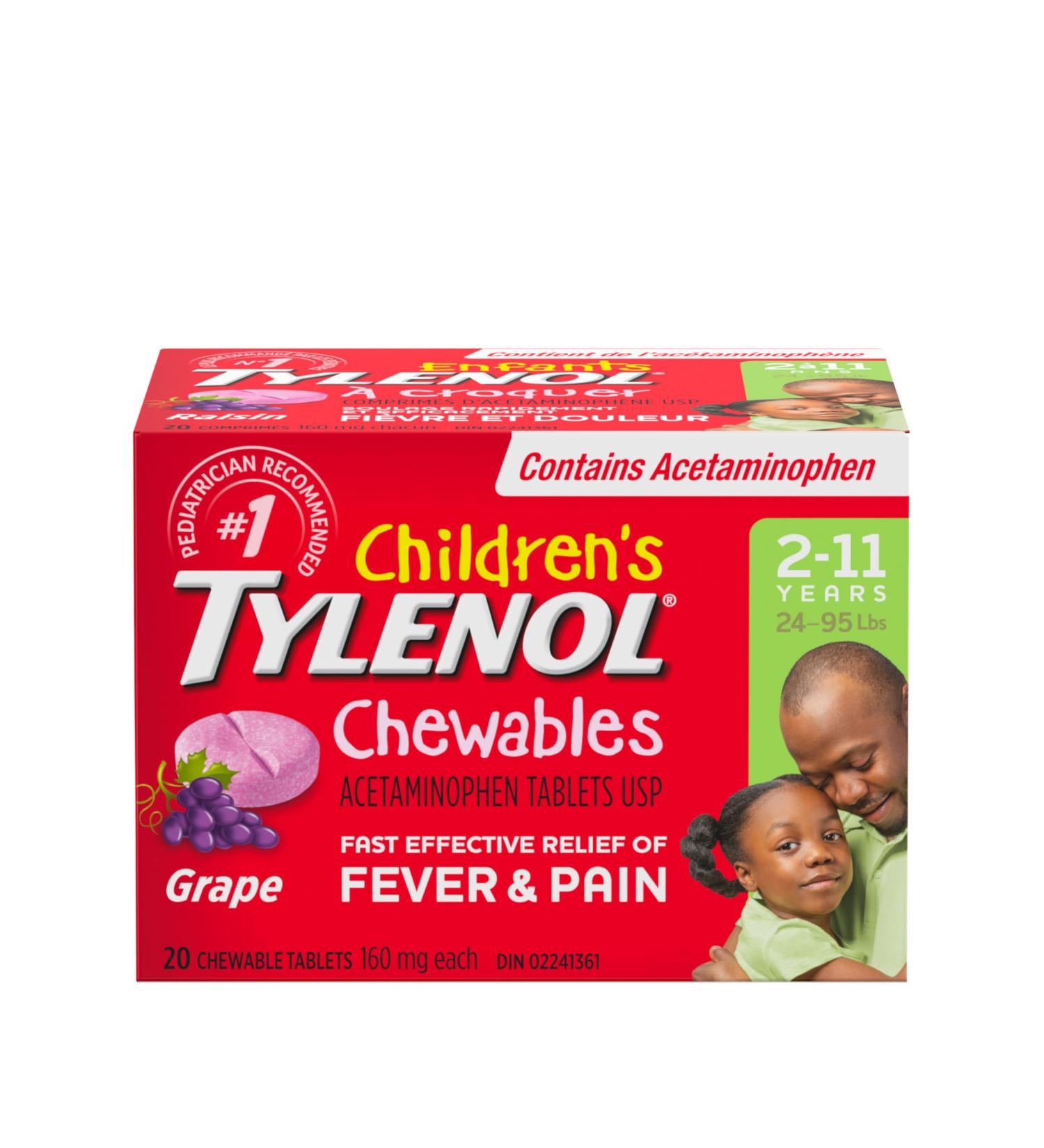Tylenol Children's Chewables Fever and Pain Relief Grape Flavour 160 mg Acetaminophen 20 Tablets Toothache Pain Relief 20 Count (Pack of 1) Grape - Buy Online on GoSupps.com