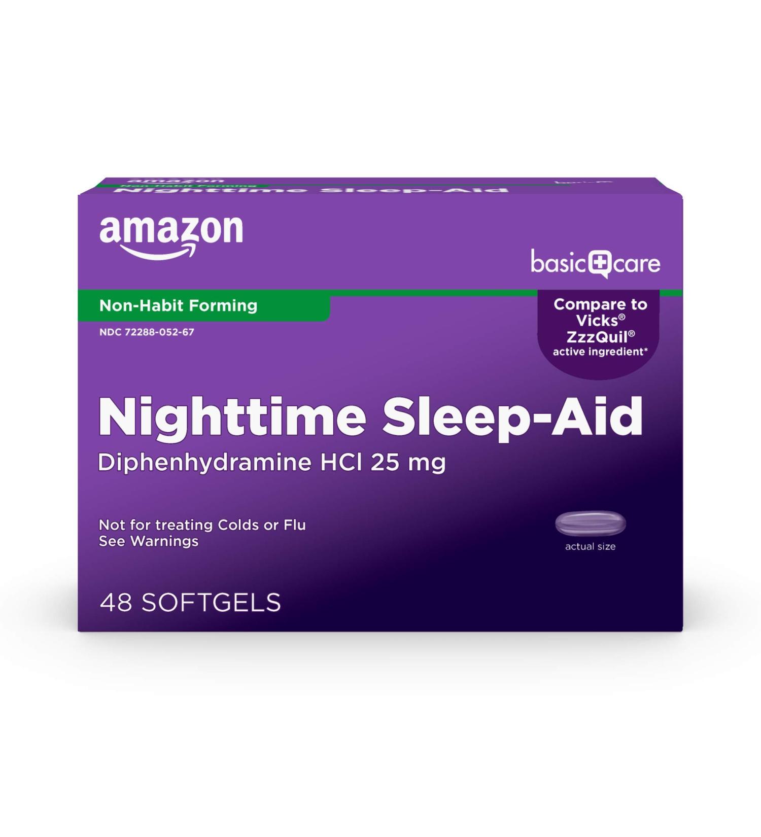 Amazon Basic Care Sleeptime Nighttime Sleep-Aid Softgels - 25 mg Diphenhydramine HCl for Occasional Sleeplessness | 48 Count - Fast International Shipping - Buy Online on GoSupps.com