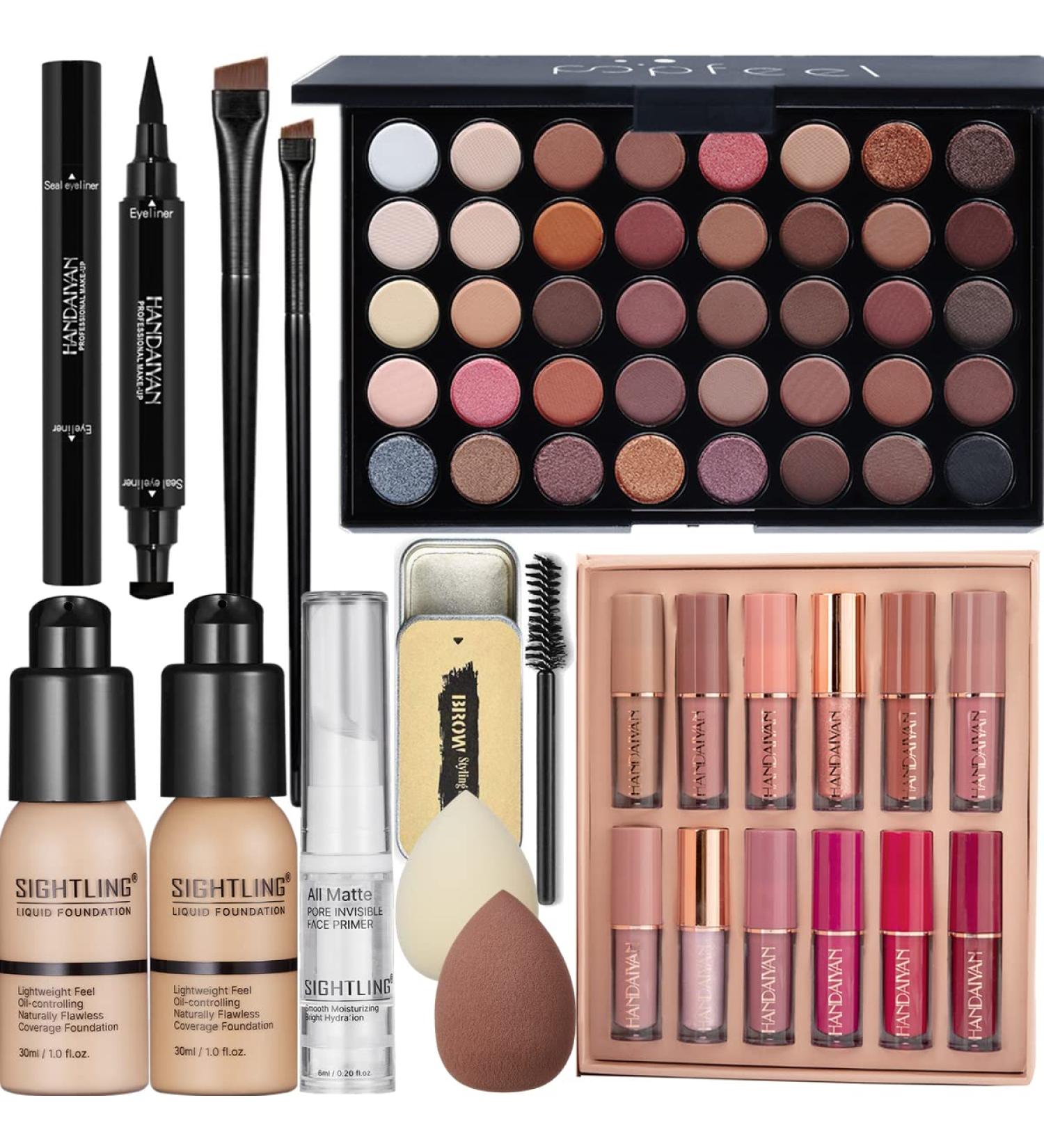 Complete Makeup Gift Set for Women - 40 Color Eyeshadow Palette, Foundation, Primer, Winged Eyeliner Stamp, Lipstick, Eyebrow Soap, Sponge - Full Makeup Kit by SIGHTLING - Buy Online on GoSupps.com
