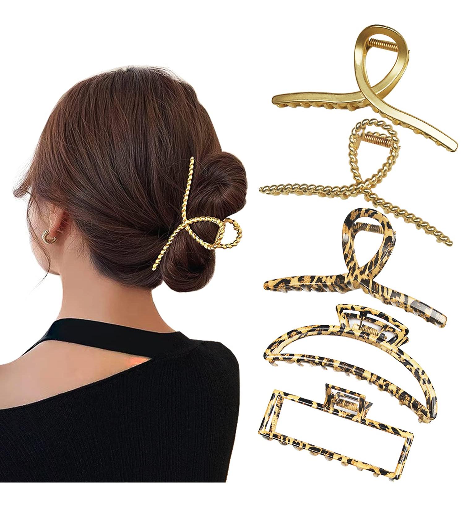 5 Pcs Large Metal Claw Clips for Thick Hair - Gold Leopard Print Jaw Clips for Women - Buy Online on GoSupps.com
