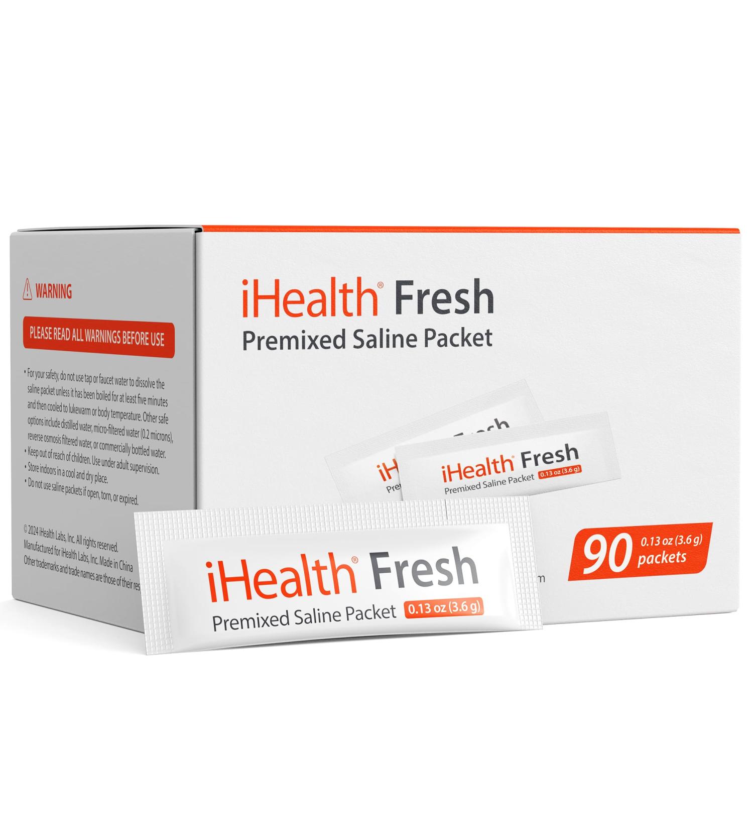 iHealth Fresh Premixed Saline Packet 90 Packets 0.9% Isotonic Saline Solution for Electric Nasal Irrigator - Non-Iodized Sinus Relief & Allergy Care - Buy Online on GoSupps.com