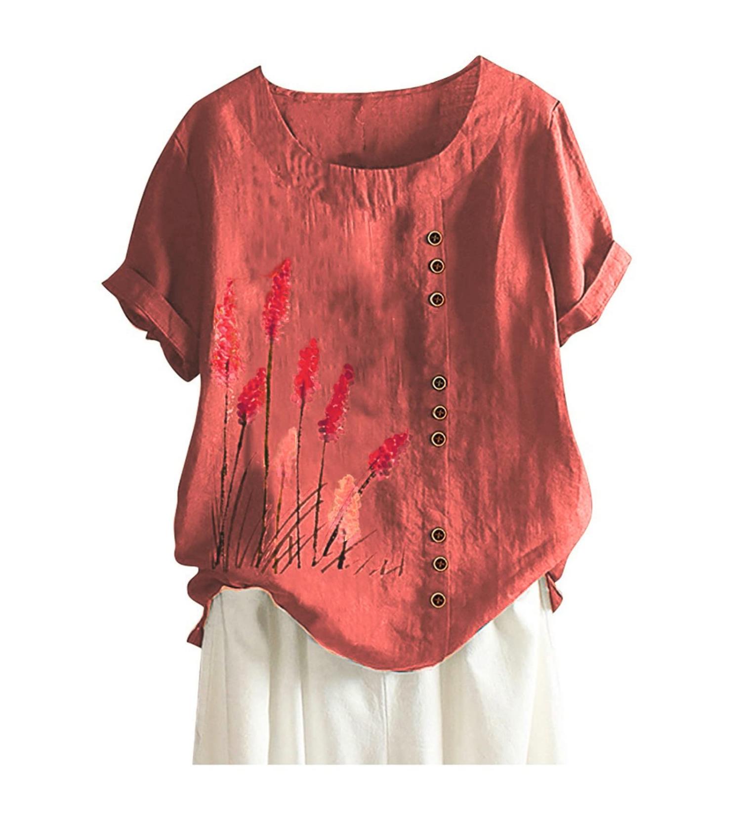 Cotton Linen Women's Dandelion Print Blouse - 3/4 Sleeve Crewneck Vintage Top | Orange-d 3X-Large - Buy Online on GoSupps.com