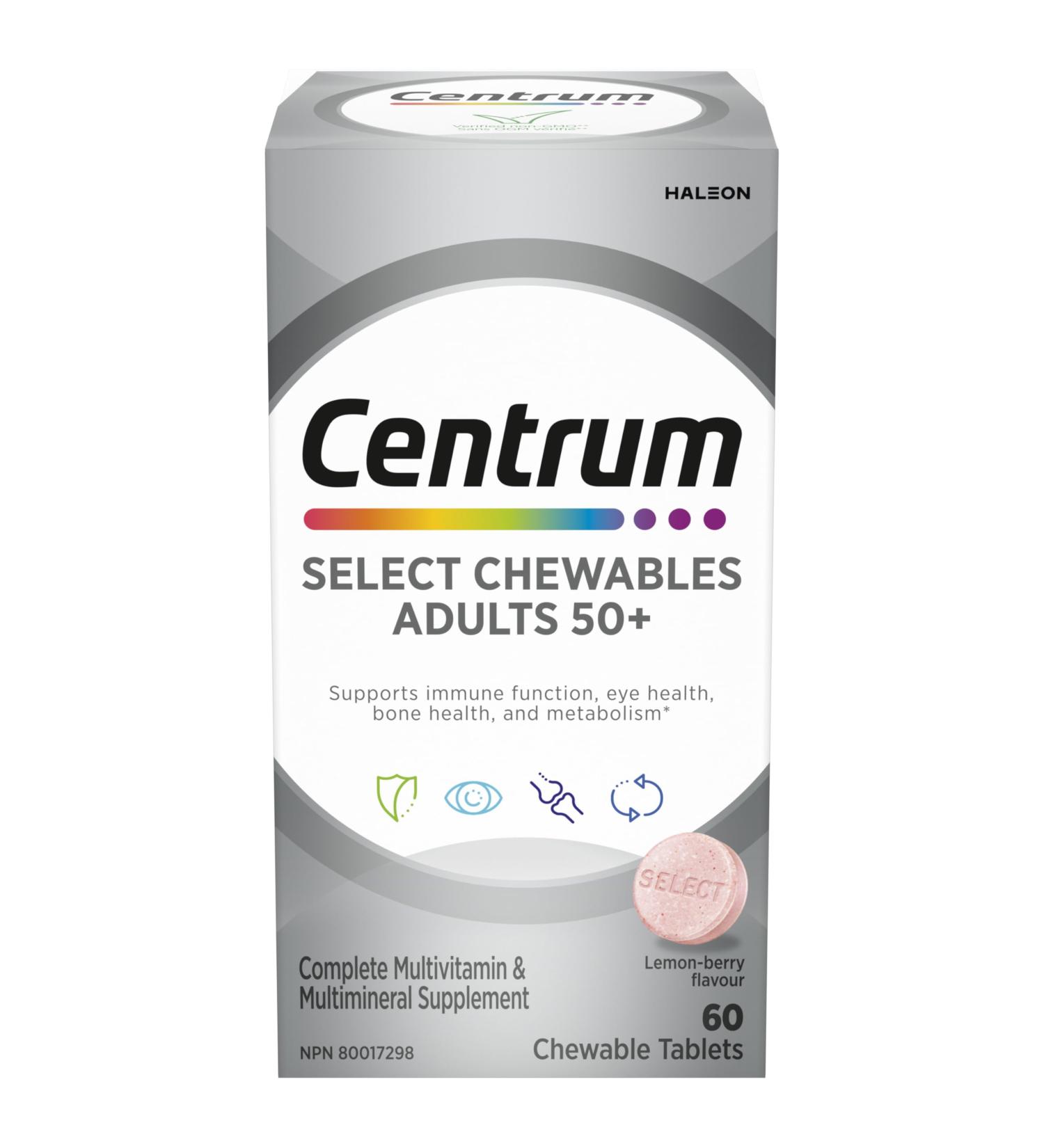 Centrum Adult Select Essentials Multivitamins for Men & Women 50 Plus Chewables Multivitamins/Minerals Supplement Lemon Berry Flavour 60 Chewable Tablets (Packaging May Vary)