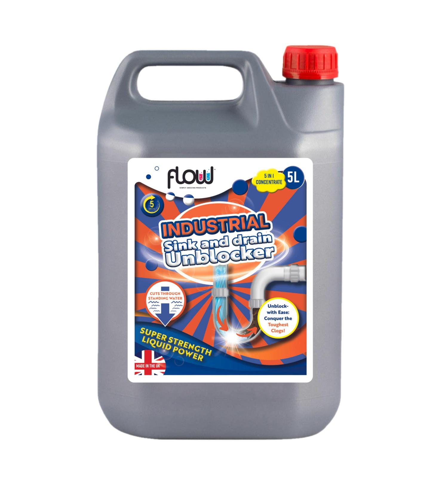 Flow 5 Litre Sink & Drain Unblocker & Cleaning Liquid | Plug Hole Toilet Cleaner Tool | Industrial Heavy Duty (5 Litre) - Buy Online on GoSupps.com
