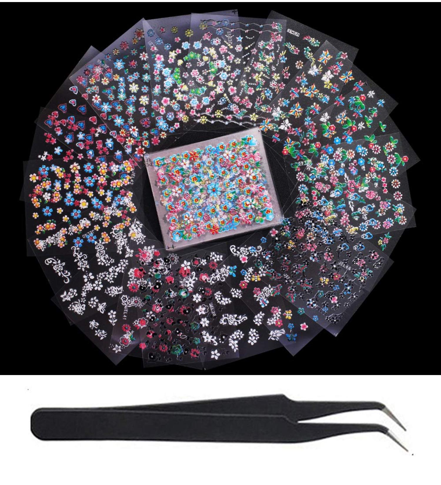 WOKOTO 50Pcs Self-adhesive 3D Nail Stickers - Floral Nail Decals for Women, Girls, Kids - Includes Tweezers - Buy Online on GoSupps.com