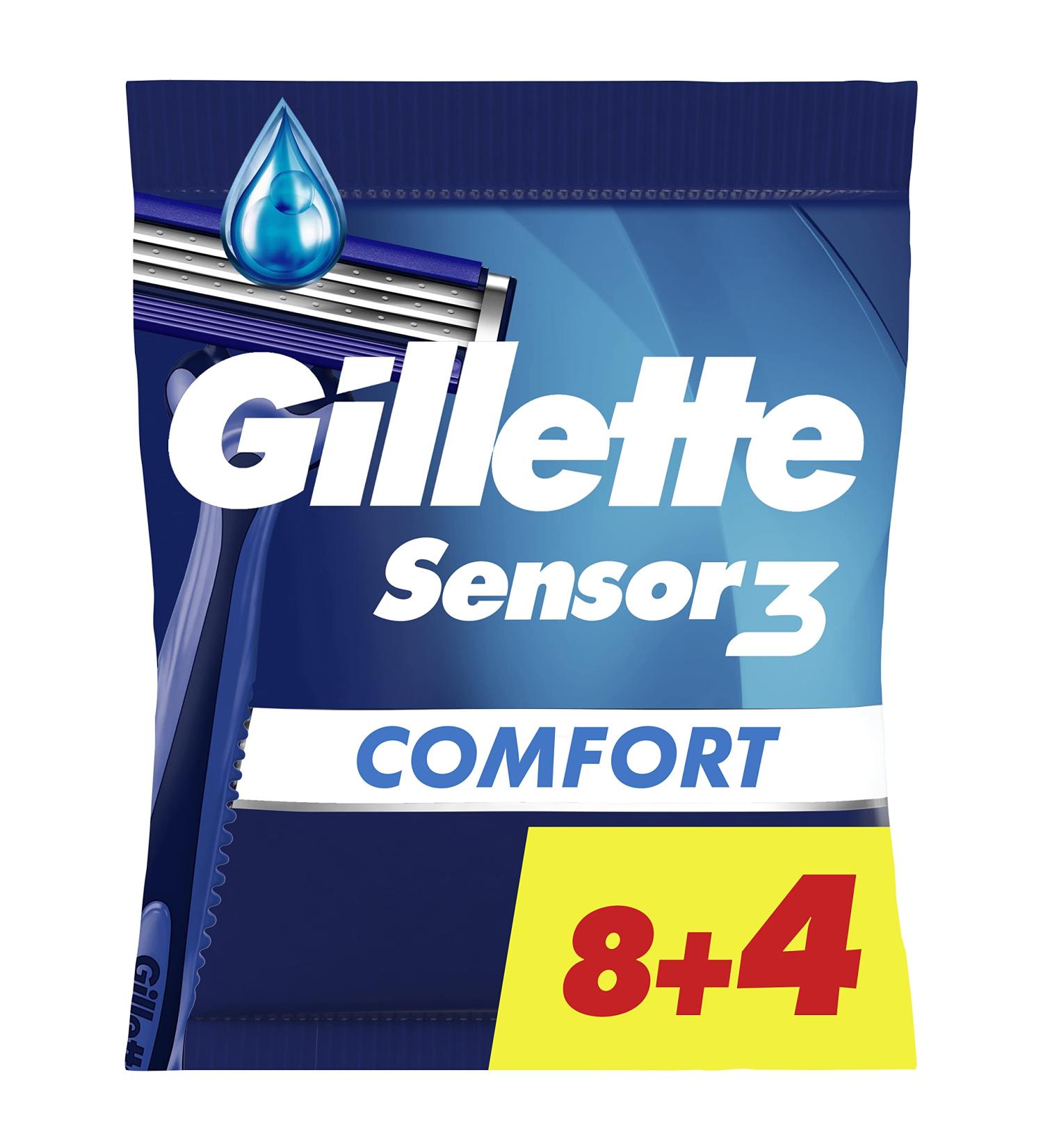 Gillette Sensor3 Comfort Disposable Razors for Men with Lubricating Strip Pack of 8+4 - Buy Online on GoSupps.com