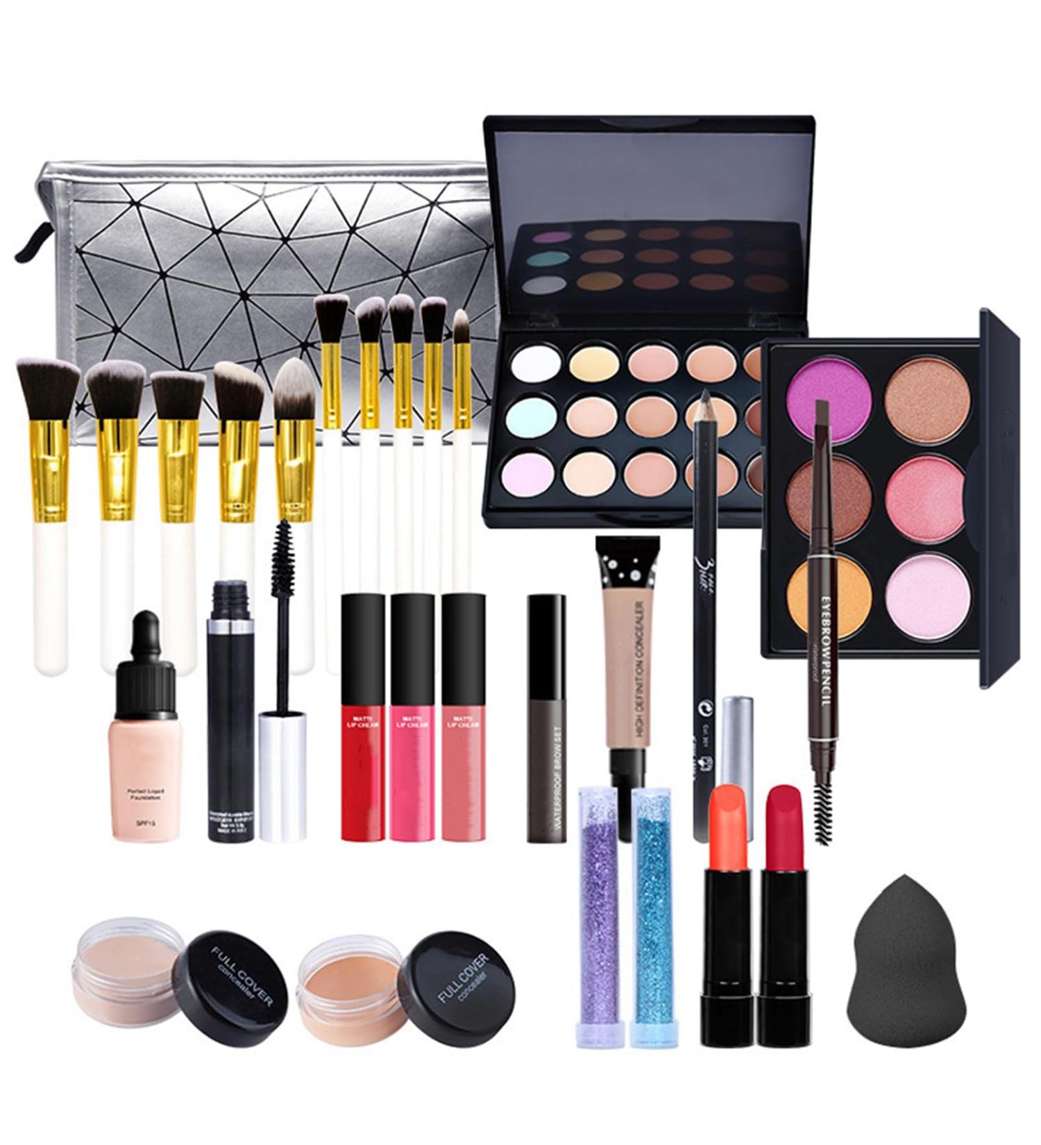 29Pcs All In One Makeup Kit for Women | Beginners Essential Starter Set with Lip Gloss, Concealer, Foundation, Eyeshadow Palette & Brushes - KIT007 - Buy Online on GoSupps.com