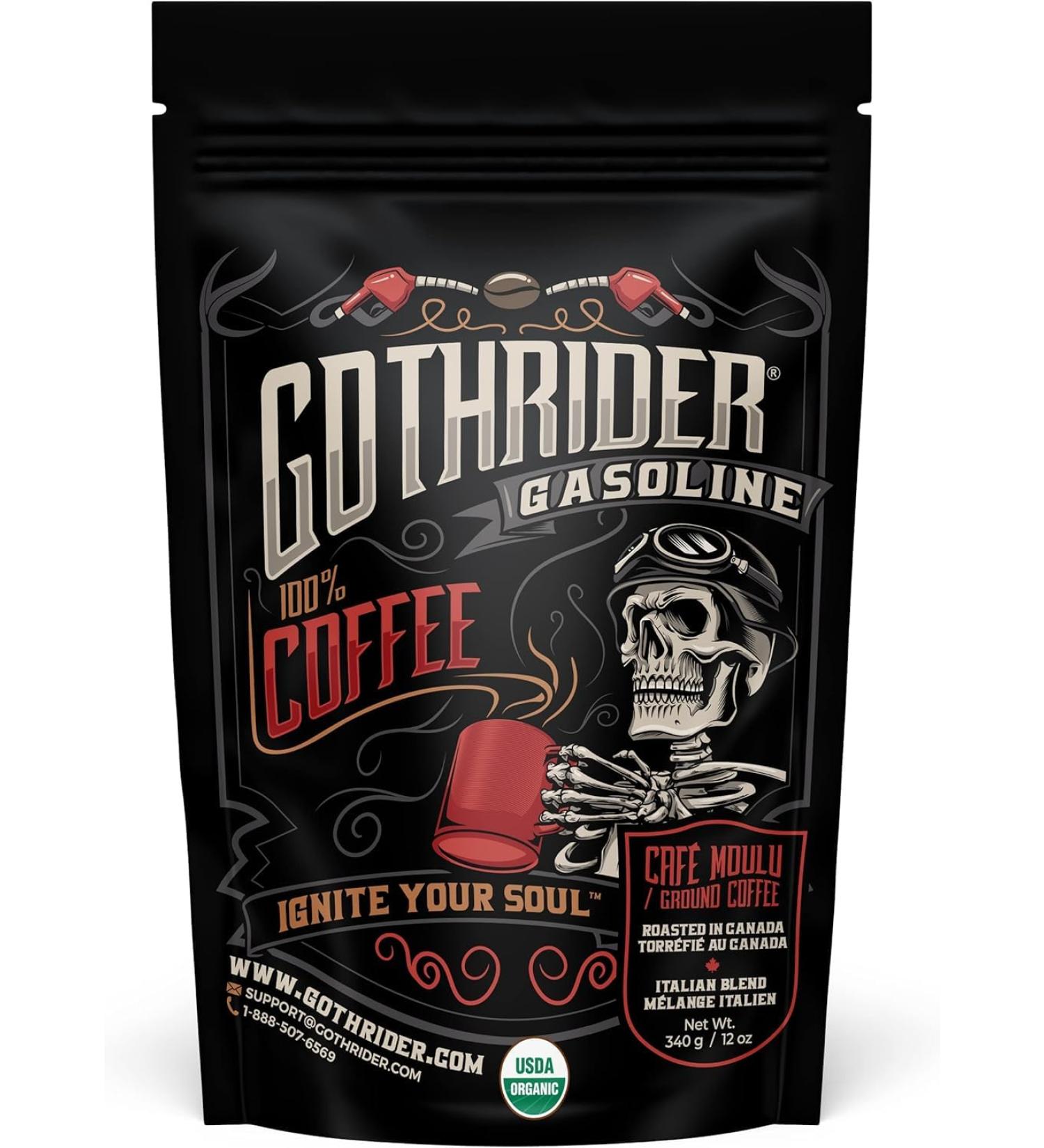 GothRider Gasoline Ground Bean Coffee - USDA FairTrade and COR Certified Organic Coffee Beans Slow-Roasted Rwandese Coffee Beans Italian Blend Medium Roast Ground Bean Coffee (12 oz) - Buy Online on GoSupps.com